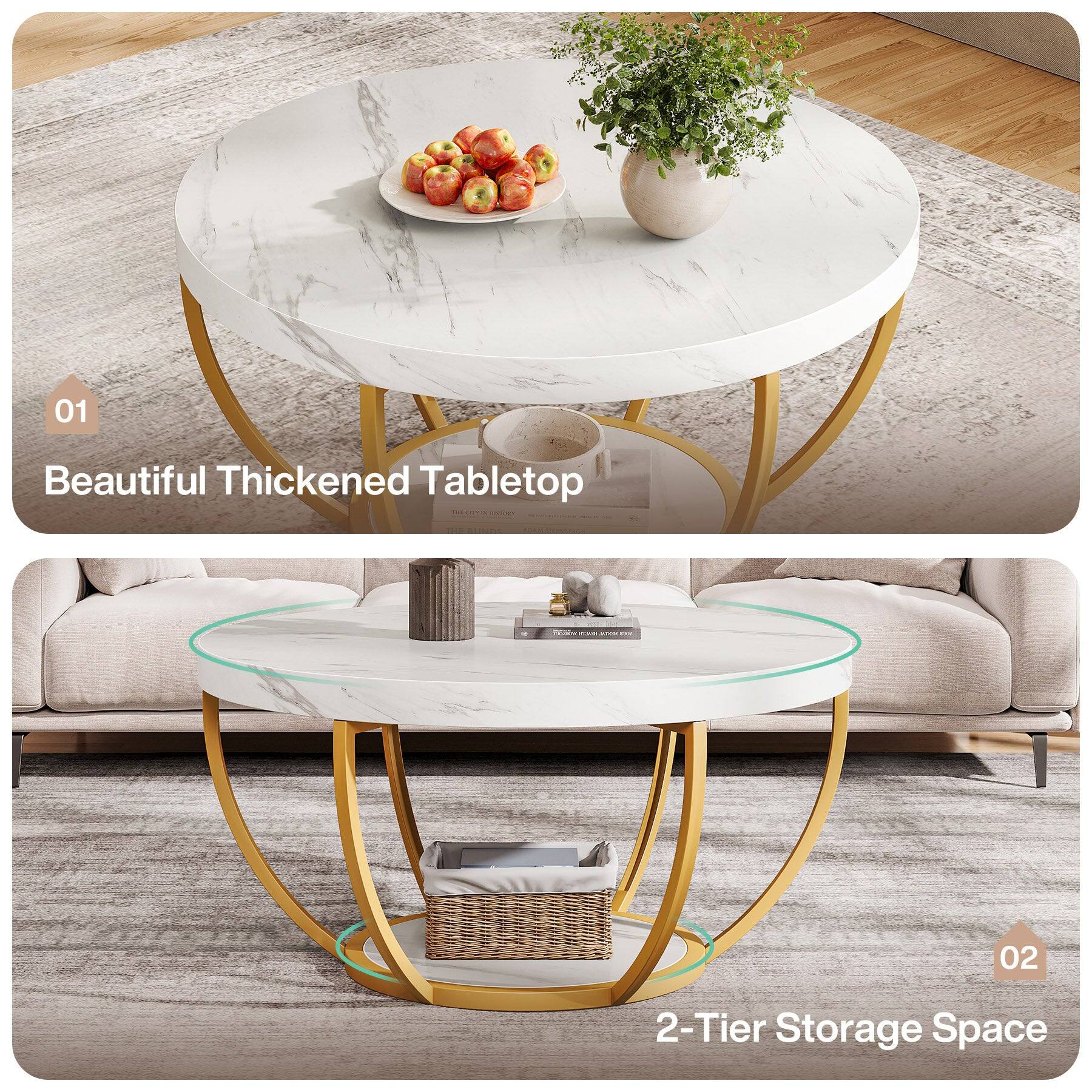 01
Beautiful Thickened Tabletop

02
2-Tier Storage Space