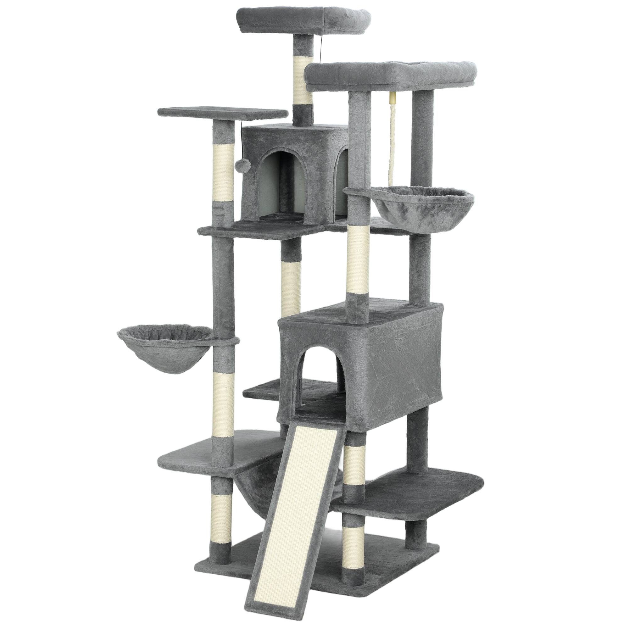 Alt View 5. Siljoy - 68.5" Multi-Cat Tower Tree, Double Condo & Triple Hammock Cat Playground with Ramp & Anti-Tip Strap, Dark Gray.