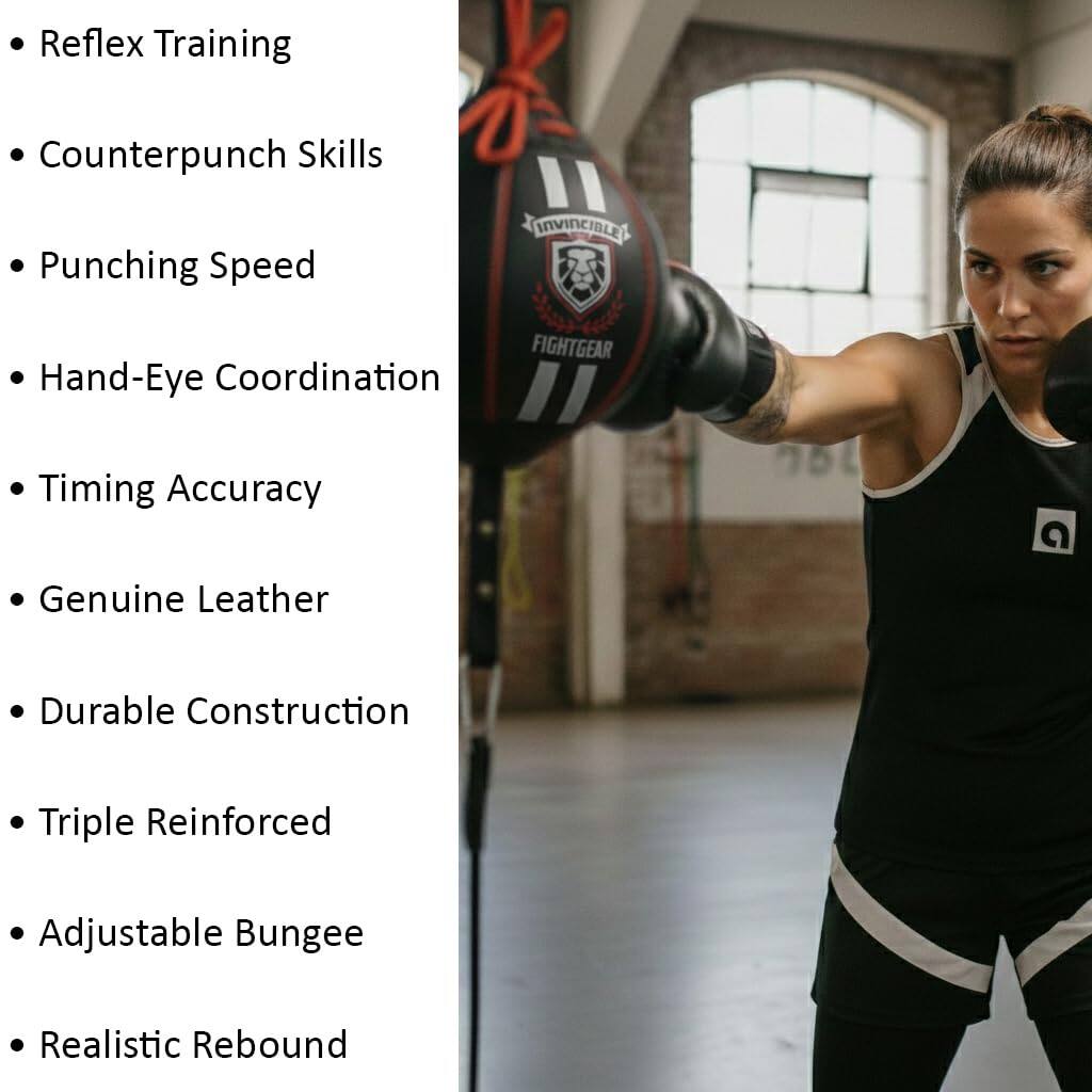 - Reflex Training
- Counterpunch Skills
- Punching Speed
- Hand-Eye Coordination
- Timing Accuracy
- Genuine Leather
- Durable Construction
- Triple Reinforced
- Adjustable Bungee
- Realistic Rebound