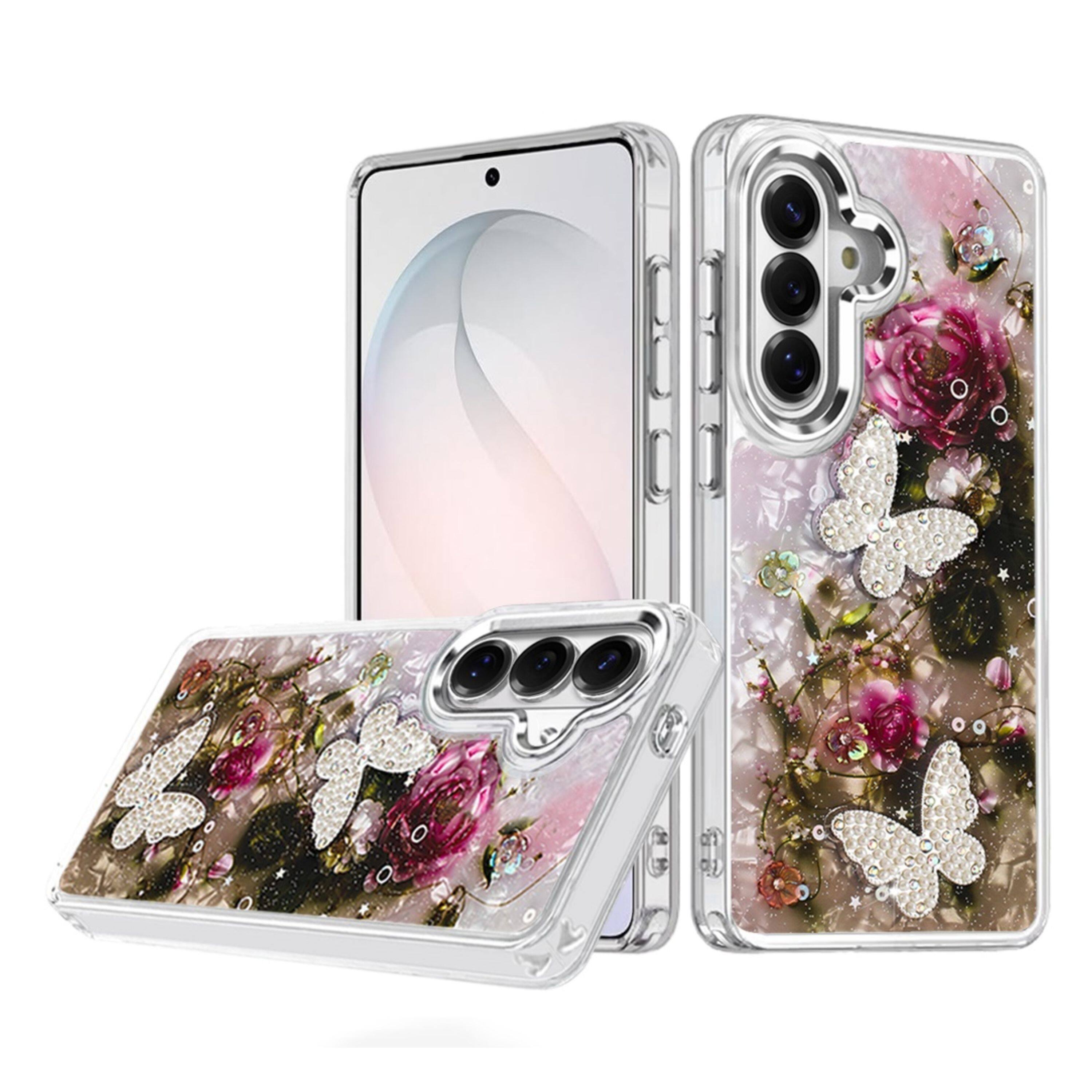 Angle. Kitcheniva - Epoxy Glitter 3D Beaded Butterflies Design Phone Case With Tempered Glass For Samsung Galaxy S26 Color C - Multicolor.