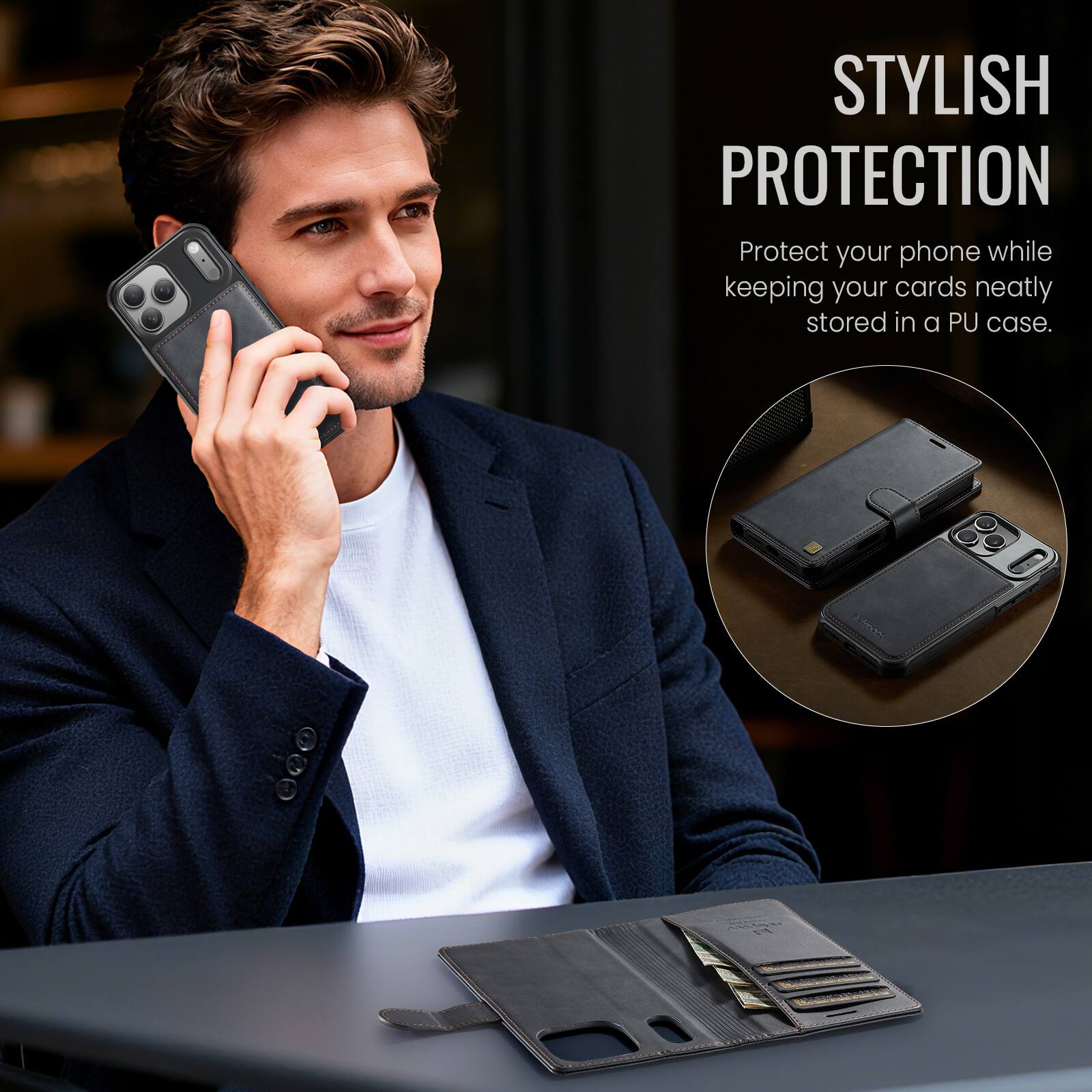 STYLISH PROTECTION  
Protect your phone while keeping your cards neatly stored in a PU case.