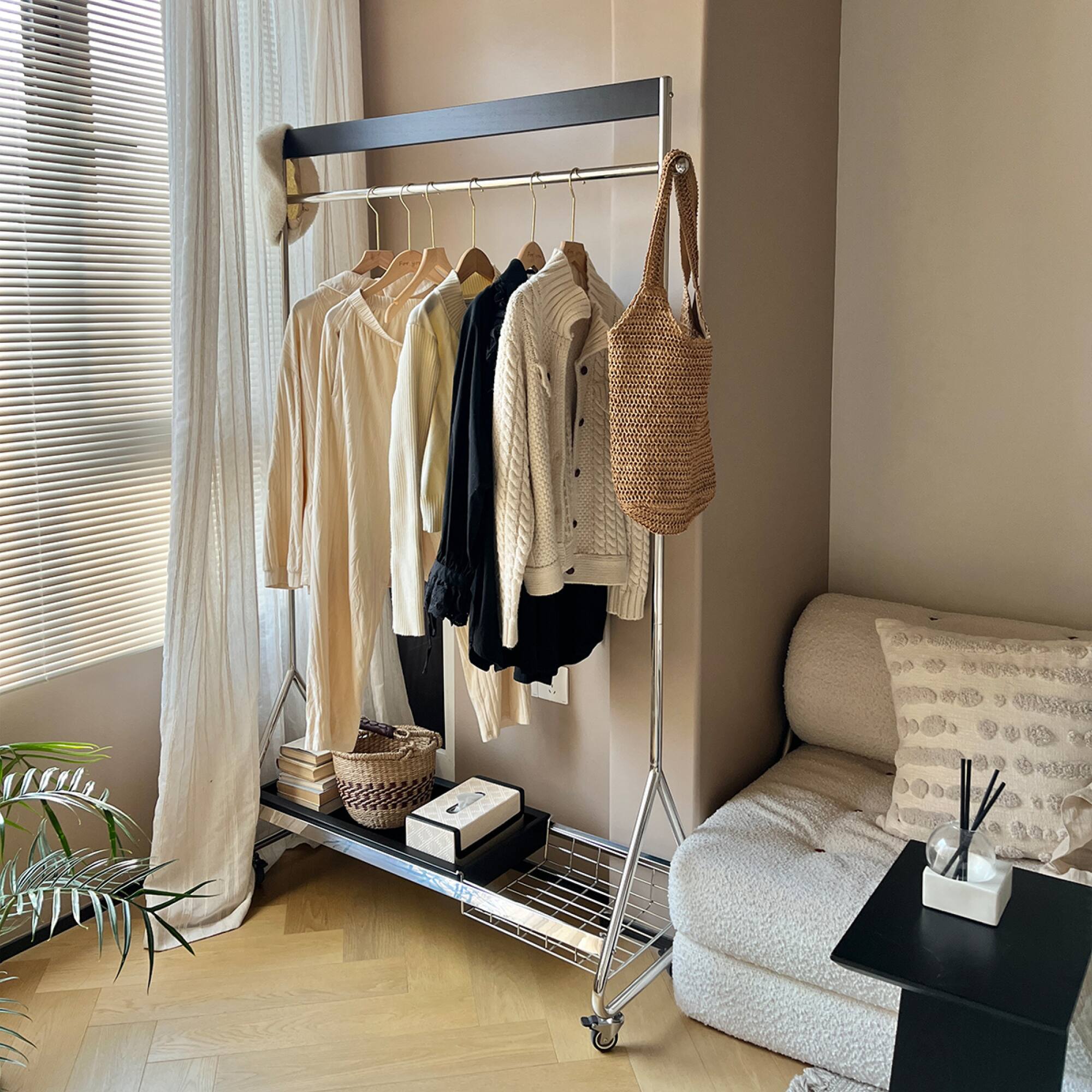 Left. GOODSILO - Antique Style Portable Clothes and Hat Rack with Storage Shelf for Bedroom Floor Organization - Black.