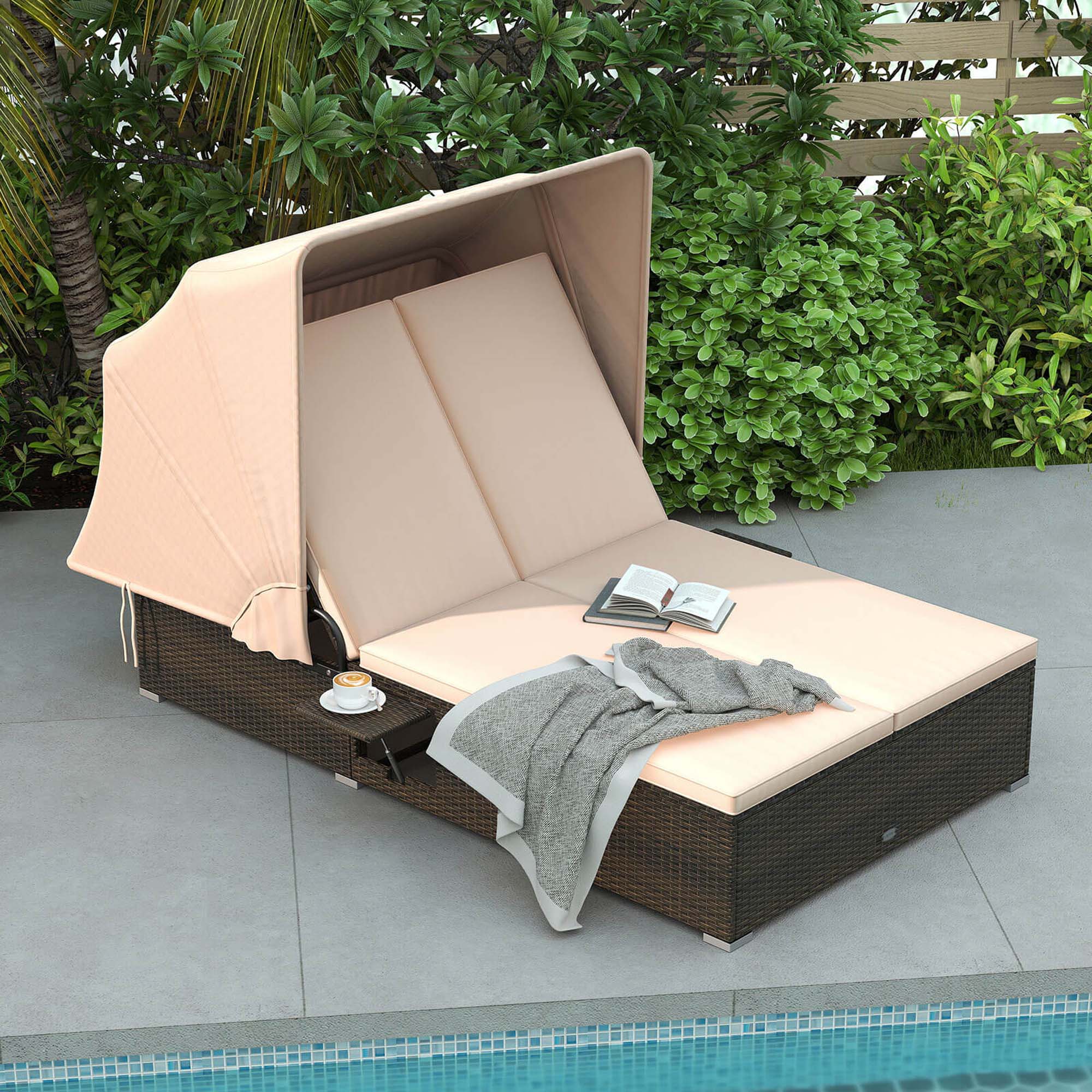 Alt View 3. Costway - Costway 2-person Rattan Lounge Bed with Retractable Canopy 5-position Adjustable Backrest - Beige.