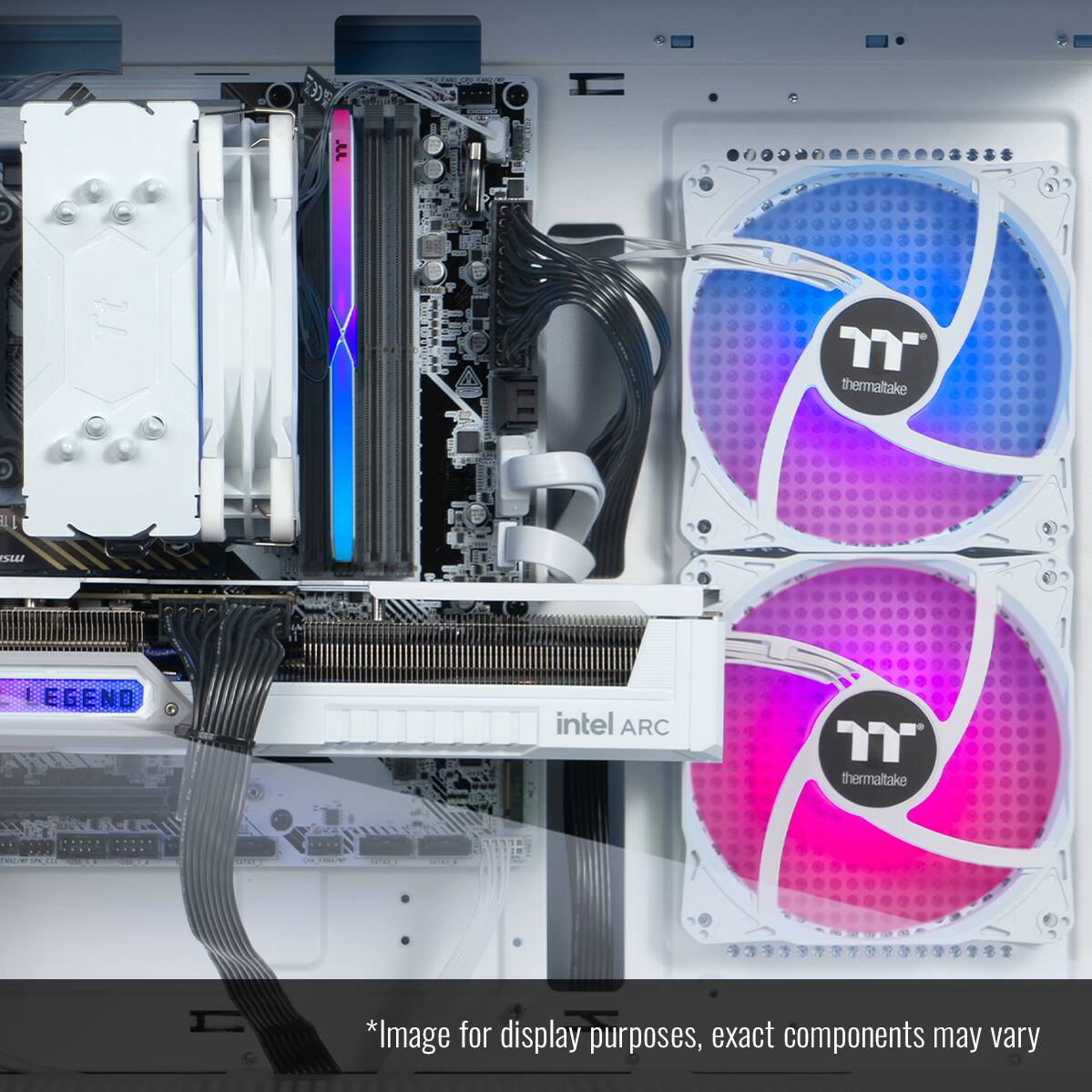 "Intel ARC Legend" is written on the side of the computer. The computer is white and has two fans on the side, one of which is purple. The fans are made by Thermaltake. The image is for display purposes, and the exact components may vary.