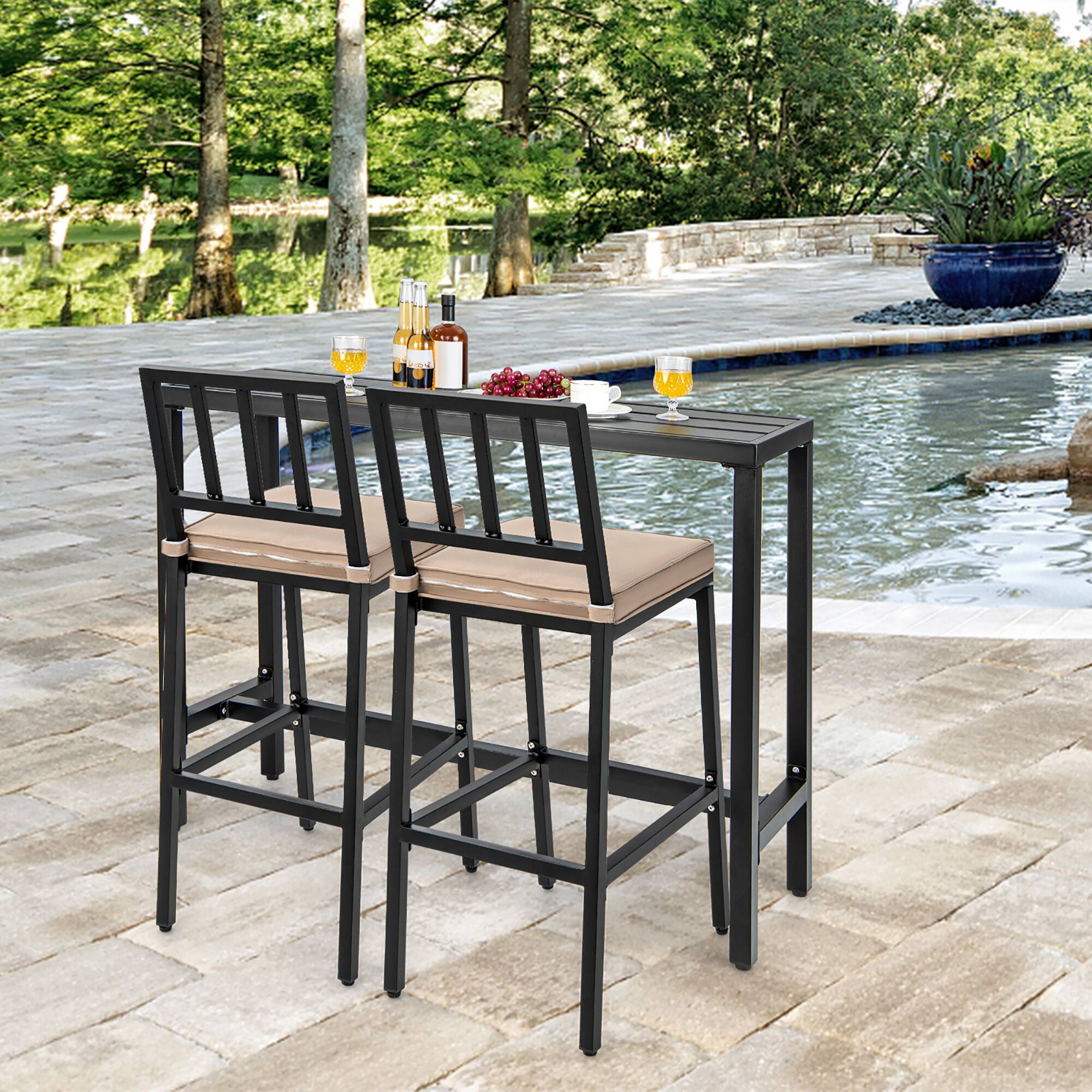 Alt View 1. Costway - Costway 3PCS Outdoor Metal Bar Table & Chairs Set Patio Dining Table Set with Cushion - Black,Beige.