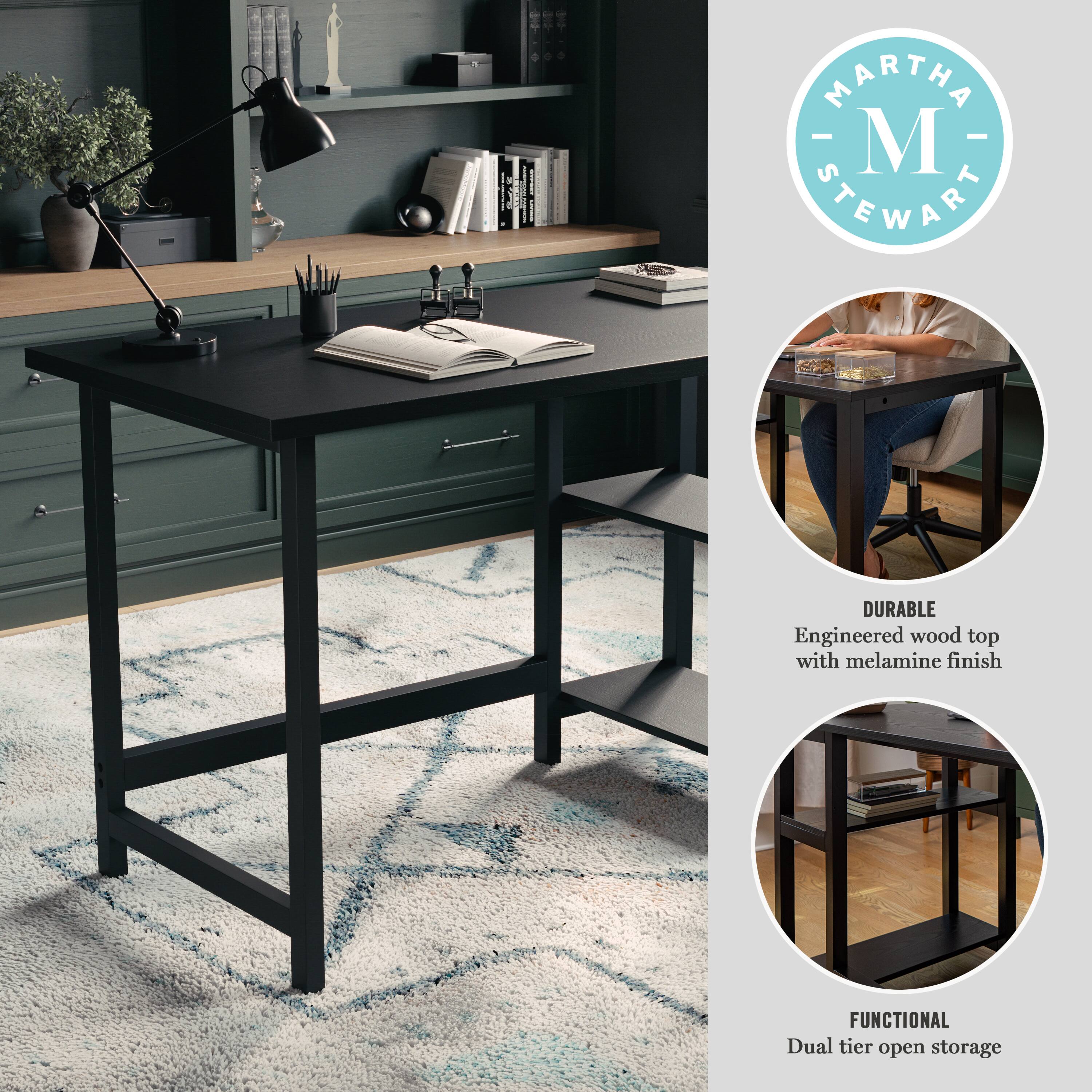 The text on the image reads: "Martha - M Stewart Durable Engineered wood top with melamine finish Functional Dual tier open storage."