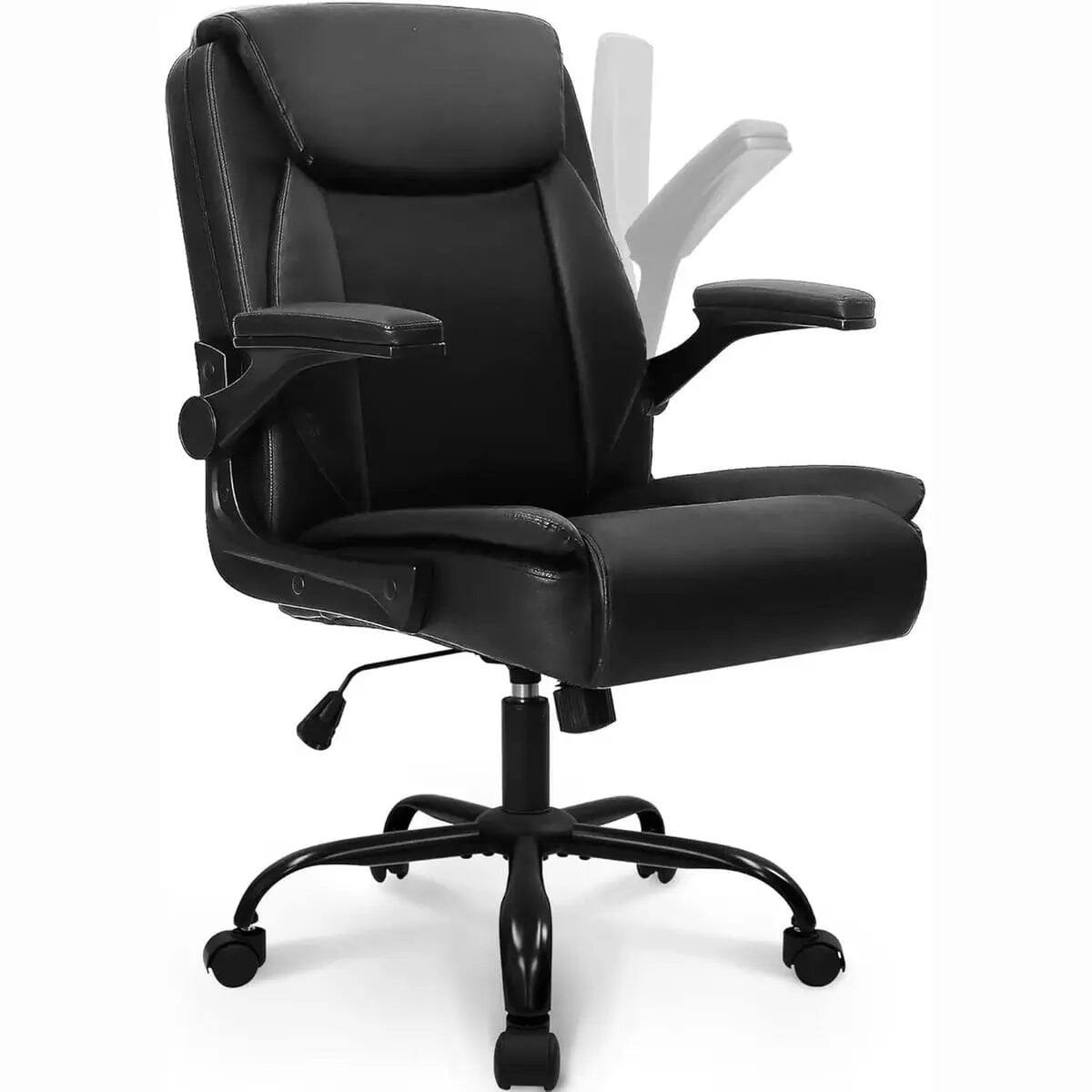 Front. Neo Chair - Big and Tall Leather Ergonomic Office Chair with Flip-Up Arms - Black.
