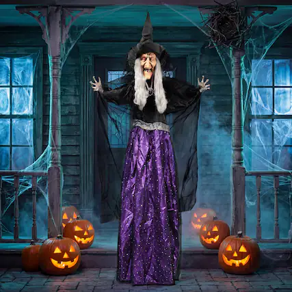 Front. Joyfy - 47" Motion Activated Witch Halloween Decoration – Life Size Animated Witch with LED Eyes & Sound for Haunted House Yard - Purple.