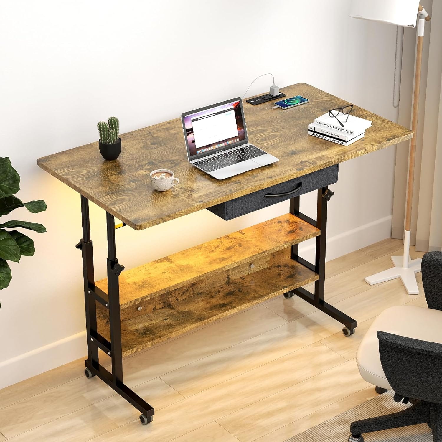 Zell Electronics - 39 Inch Standing DeskCharging Station, Shelves, Drawers & Lighting for Home Office - Rustic Brown
