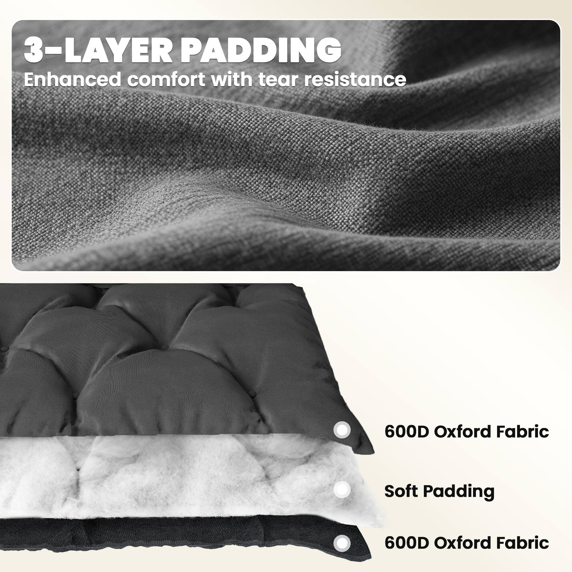 3-LAYER PADDING  
Enhanced comfort with tear resistance

600D Oxford Fabric  
Soft Padding  
600D Oxford Fabric