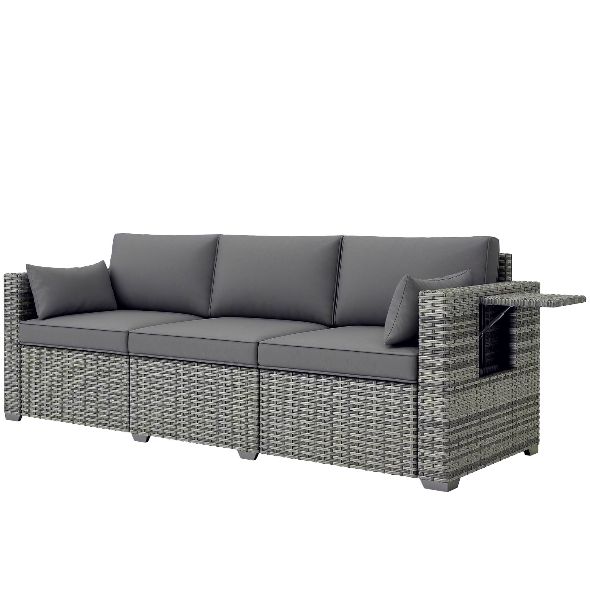 Outsunny - 3 Seater Wicker Sofa with Side Tray Tables, Rattan Outdoor Patio Sofa with 6" Thick Back Cushions, Outdoor Wicker Couch - Mixed Gray
