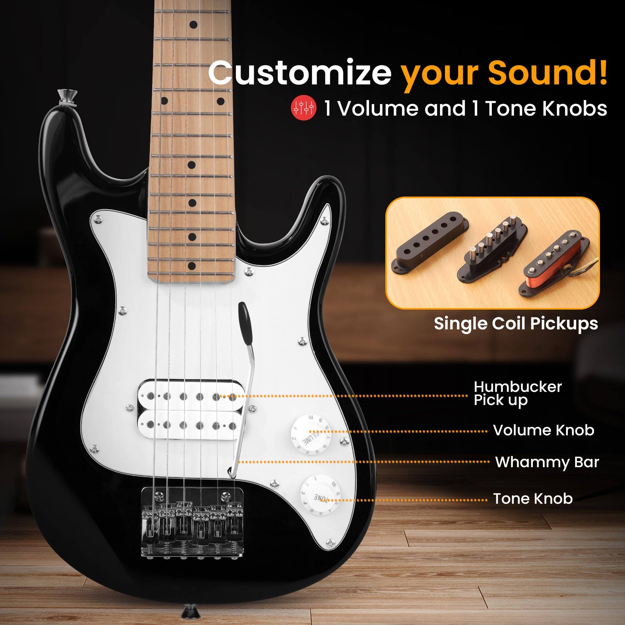 Customize your Sound!  
1 Volume and 1 Tone Knobs  

Single Coil Pickups  

Humbucker Pick up  
Volume Knob  
Whammy Bar  
Tone Knob