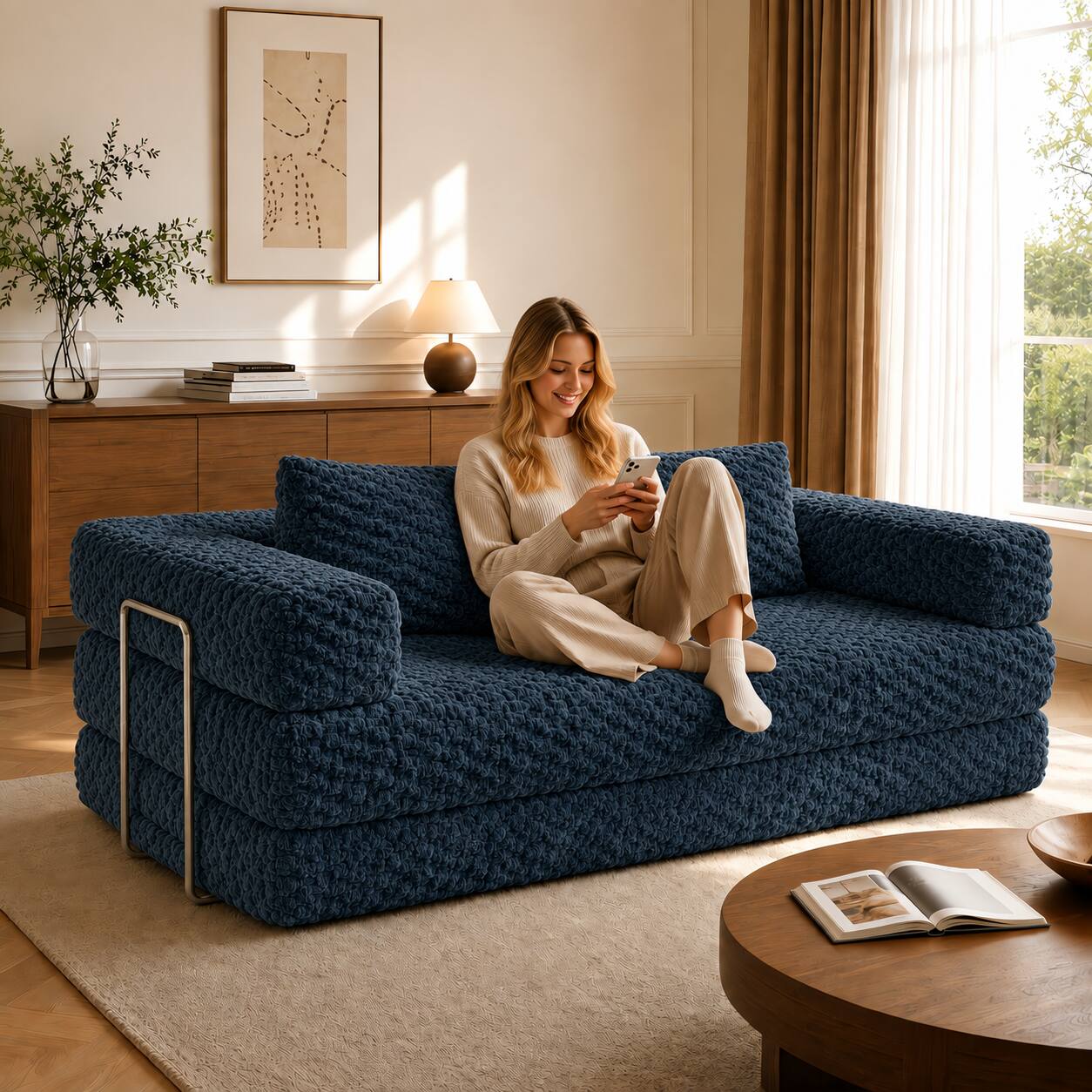 Left. Famapy - Convertible Folding Sofa Bed Couch 2-in-1 Loveseat with Plush Fabric Detachable Metal Support Brackets for Living Room - Navy Blue.