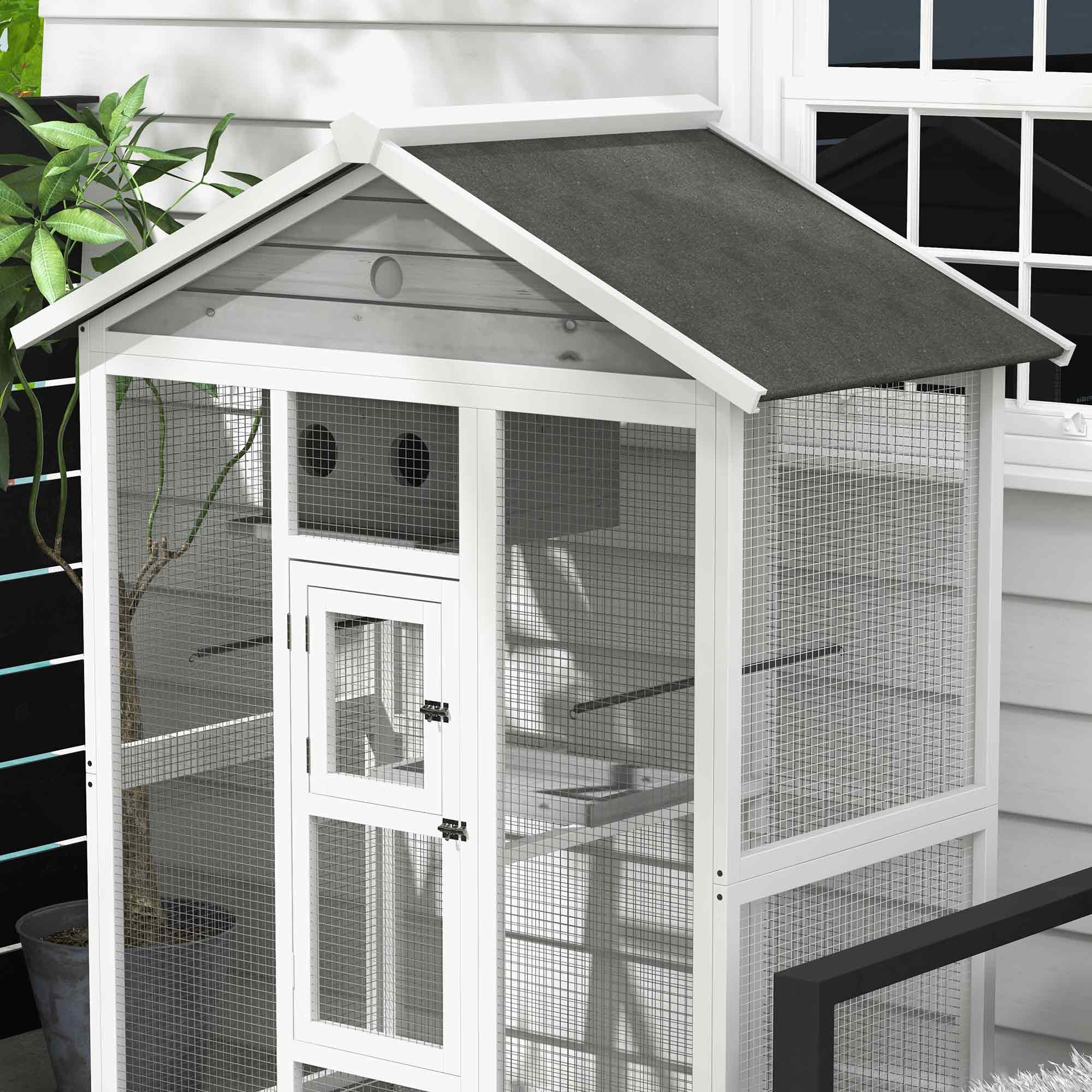 Alt View 5. Pawhut - 64.5" Wooden Bird Cage Aviary, Flight Cage with 4 Perches, Nest and Slide-Out Tray for Indoor/Outdoor.