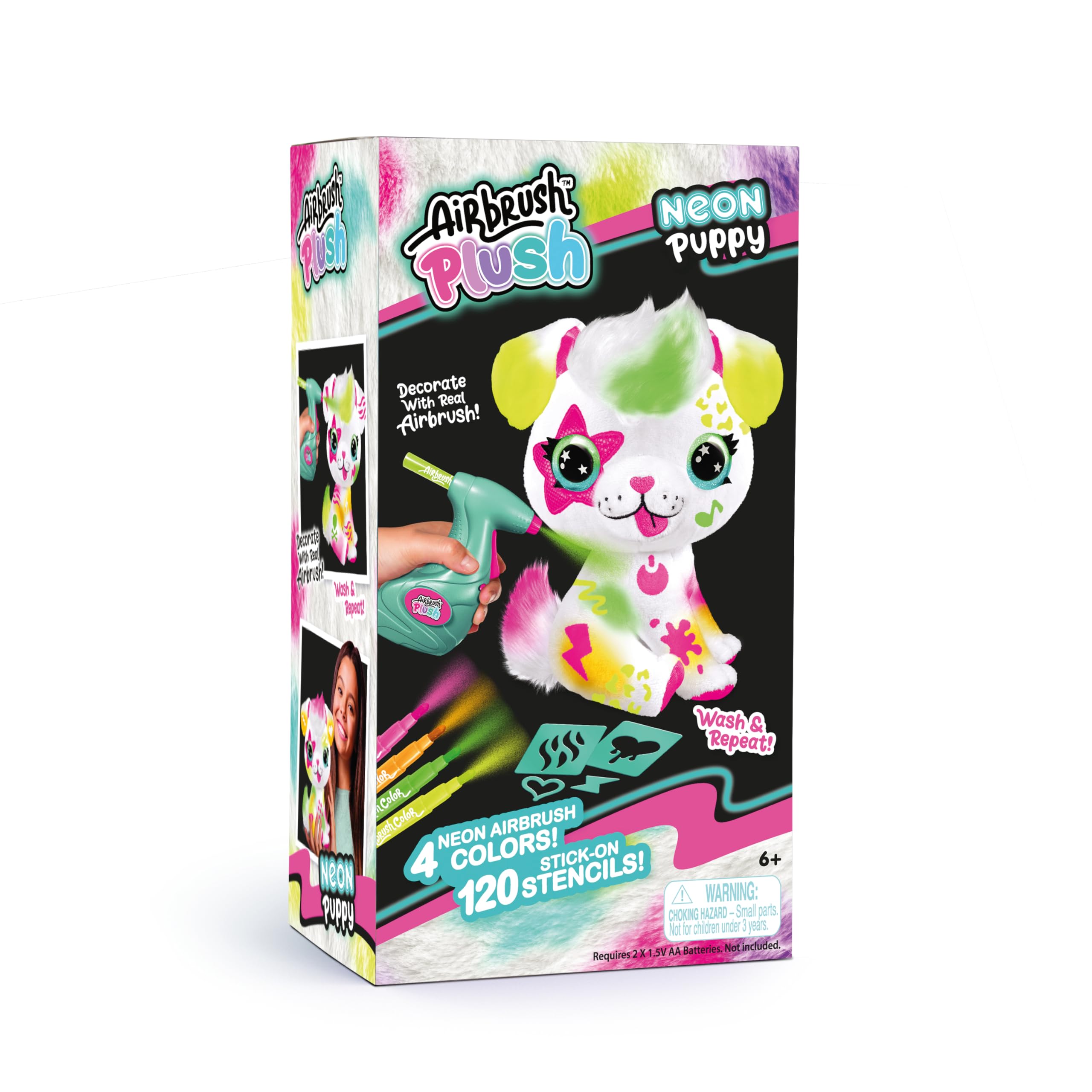 Airbrush Plus Plush  
Neon Puppy 305  
Decorate With Real Airbrush!  
Wash & Repeat!  
NEON AIRBRUSH 4 COLORS!  
STICK-ON 120 STENCILS!  
WARNING: CHOKING HAZARD - Small parts. Not for children under 3 years.  
Requires 2 x 1.5V AA Batteries. Not included.
