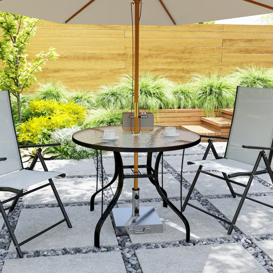 glass patio table with umbrella Arlopu 5 Pieces Outdoor Dining Set, and Textilene Chair Pirecart rectangular dining table is made of 5mm tempered water Umbrella Tempered Glass Garden Table