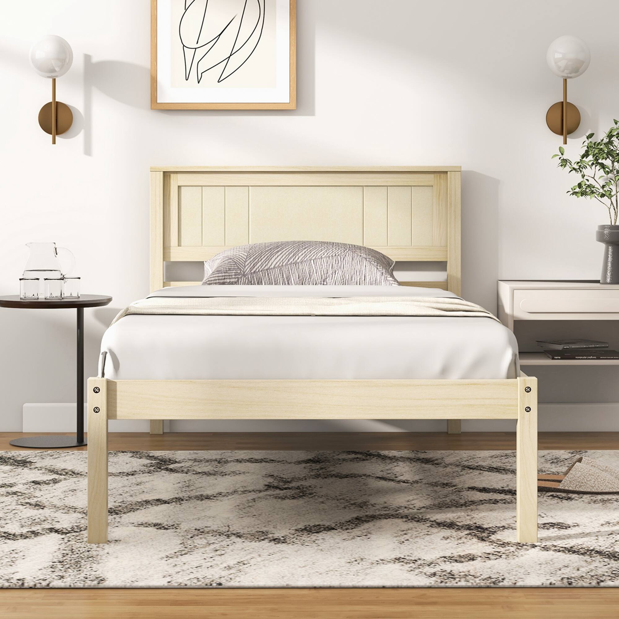 Alt View 5. Costway - Costway Twin Size Wooden Platform Bed Frame with Headboard Mattress Foundation - Natural.