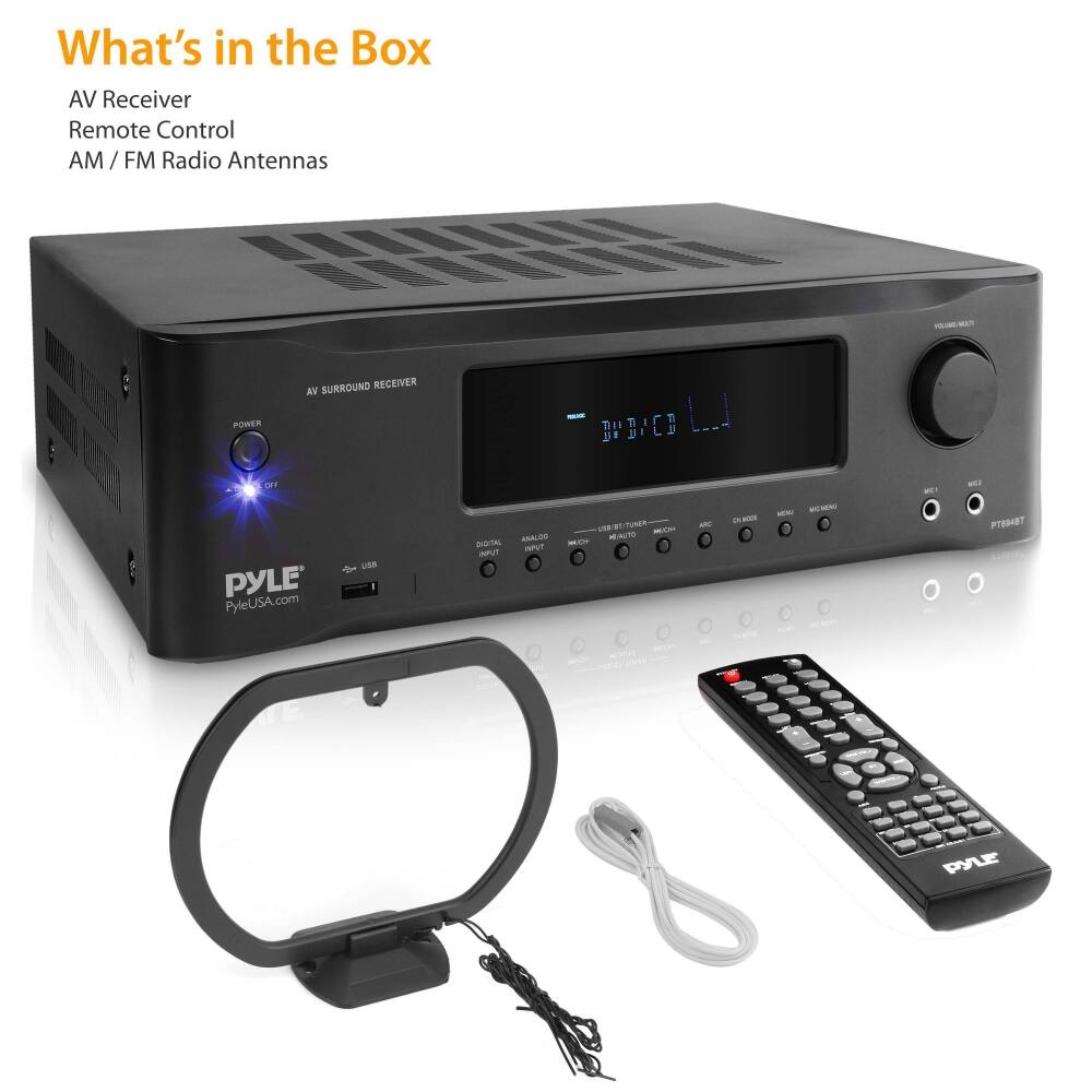 What's in the Box

AV Receiver  
Remote Control  
AM / FM Radio Antennas  

AV SURROUND RECEIVER  

PYLE  
PyleUSA.com  

POWER  
OFF  
ON  

VOLUME MAX  

DIGITAL  

USB / SD / TF / USB  
ARC  
DIGITAL OUT  
MIC/MIX  
MIC/MIX  
PT6848T  

INPUT  
USB  
OPTICAL  
AUX  
CD  
TUNER  
AM/FM  
TUNER  
AUTO  

REMOTE  

PYLE