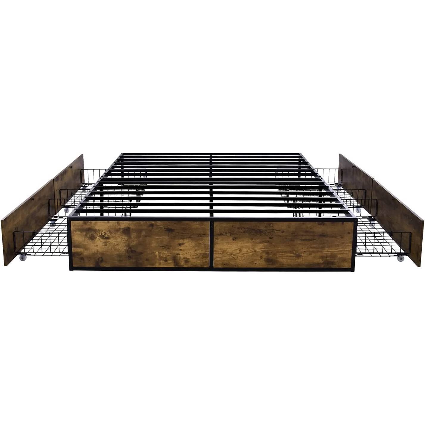 Back. Hivvago - Hivvago Queen Metal Wood Platform Bed Frame with 4 Storage Drawers - 800 lbs Max Weight - Rustic Brown.