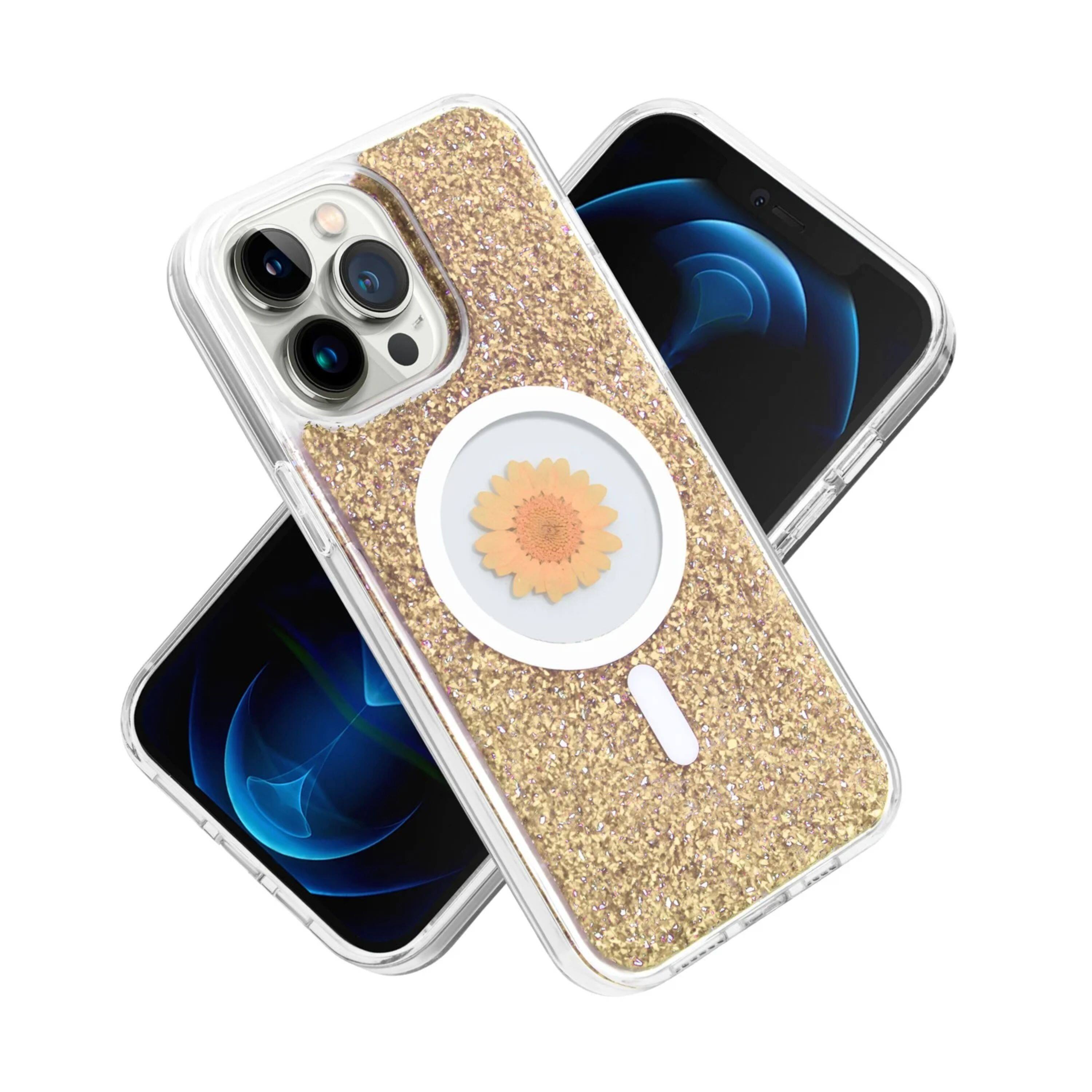 Left. Kitcheniva - Glitter Hybrid Epoxy Real Flower Phone Case With 2 Pcs Screen Protectors For iPhone 15 Pro Max Gold - Gold.
