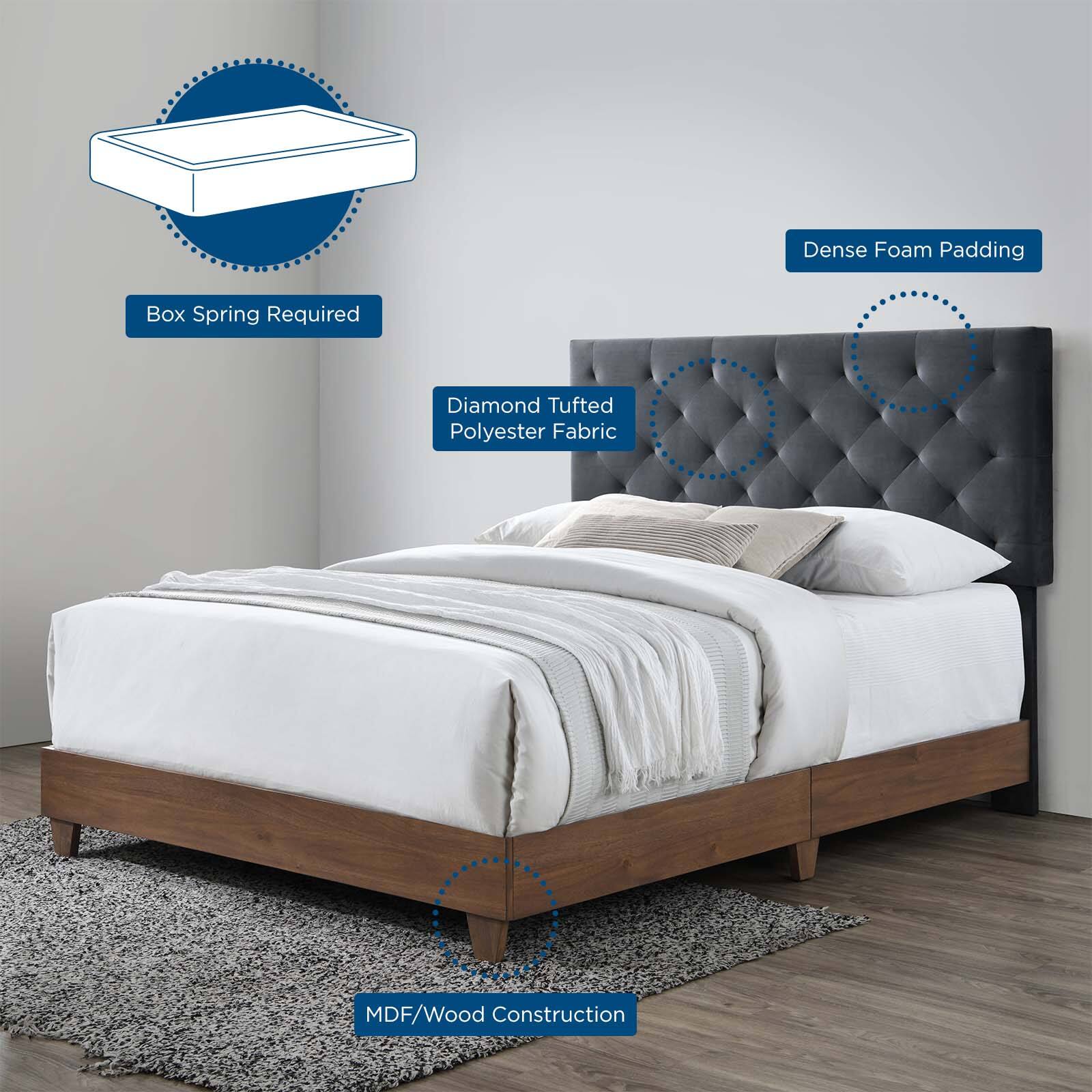 - Box Spring Required
- Dense Foam Padding
- Diamond Tufted Polyester Fabric
- MDF/Wood Construction
