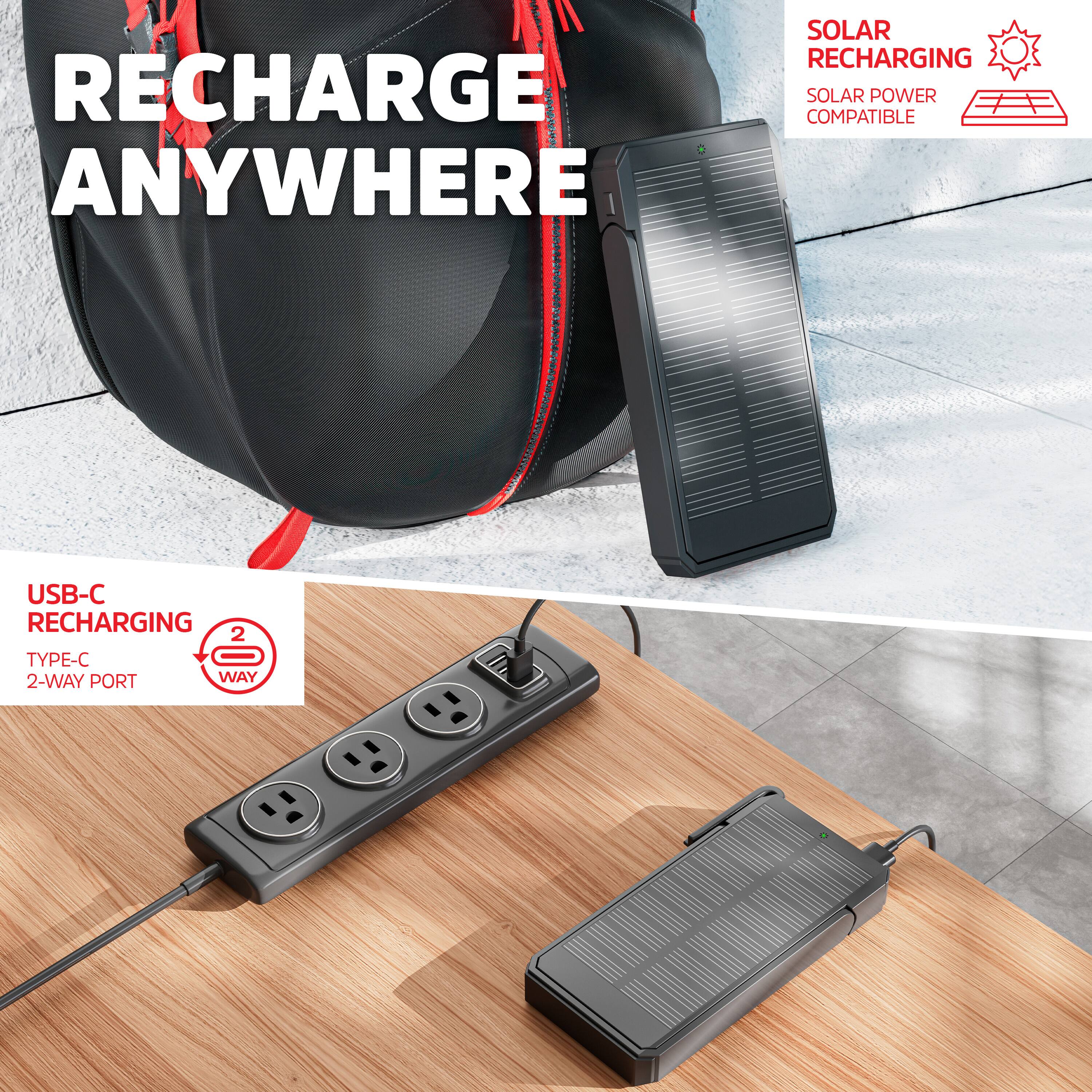 RECHARGE ANYWHERE

SOLAR RECHARGING  
SOLAR POWER COMPATIBLE

USB-C RECHARGING  
TYPE-C 2-WAY PORT