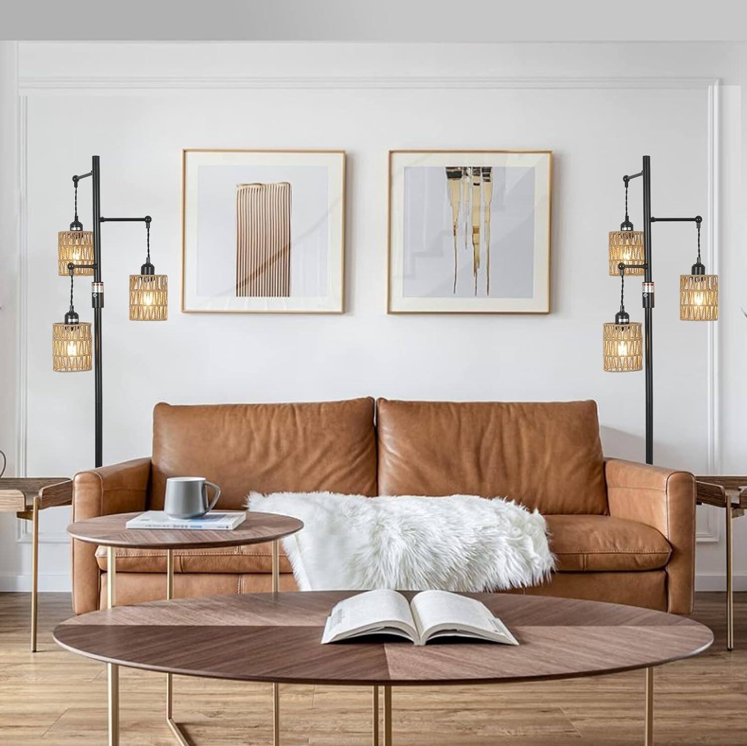 Alt View 4. Z-Edge - Dimmable Boho Floor Lamp - 3 Light Farmhouse Rattan Floor Lamp for Living Room, Industrial Tree Floor Lamps for Bedroom - Black.