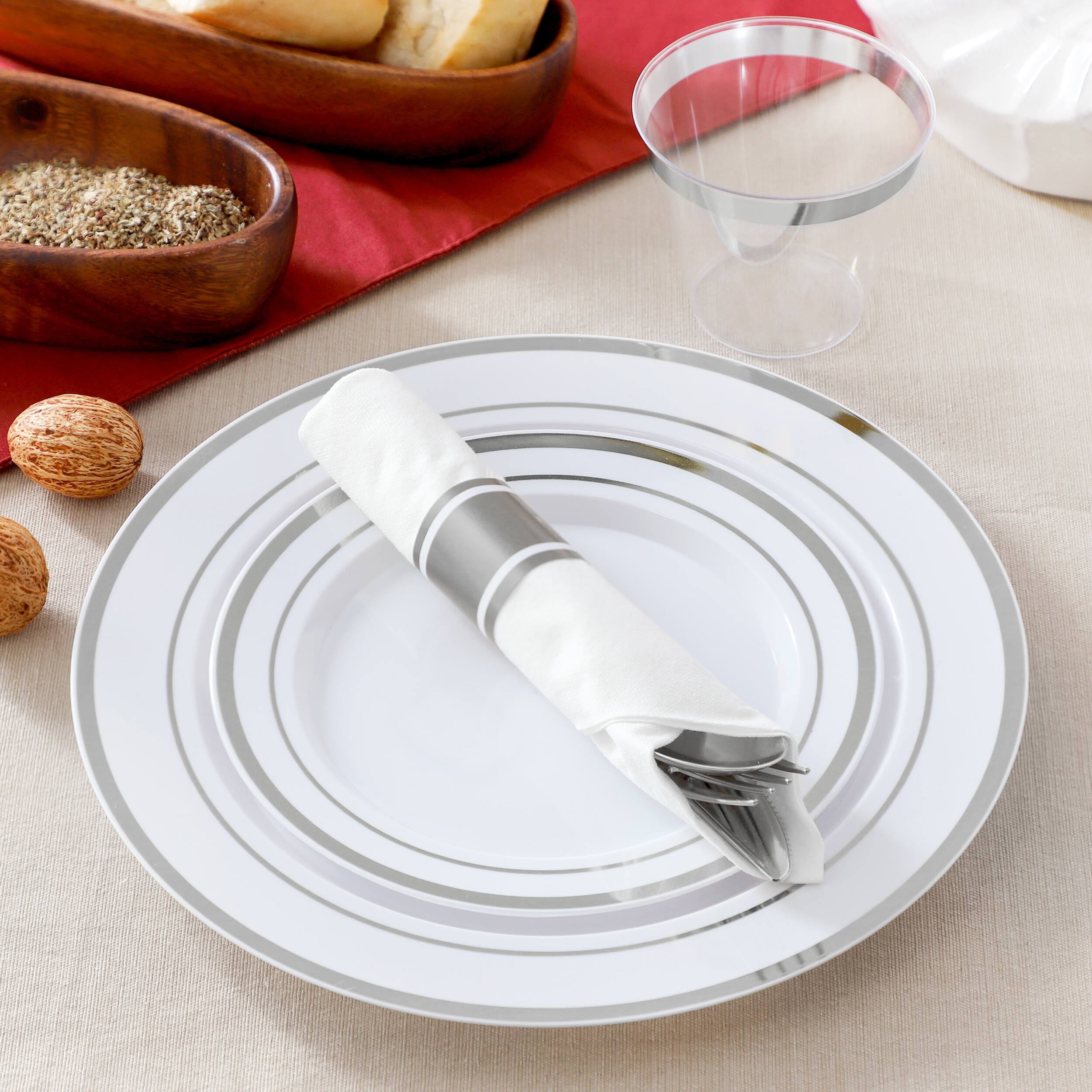 Alt View 6. Elama - Elama 350 Piece Disposable Plastic Dinnerware Party Set for 50 Guests in White with Silver Trim - White.