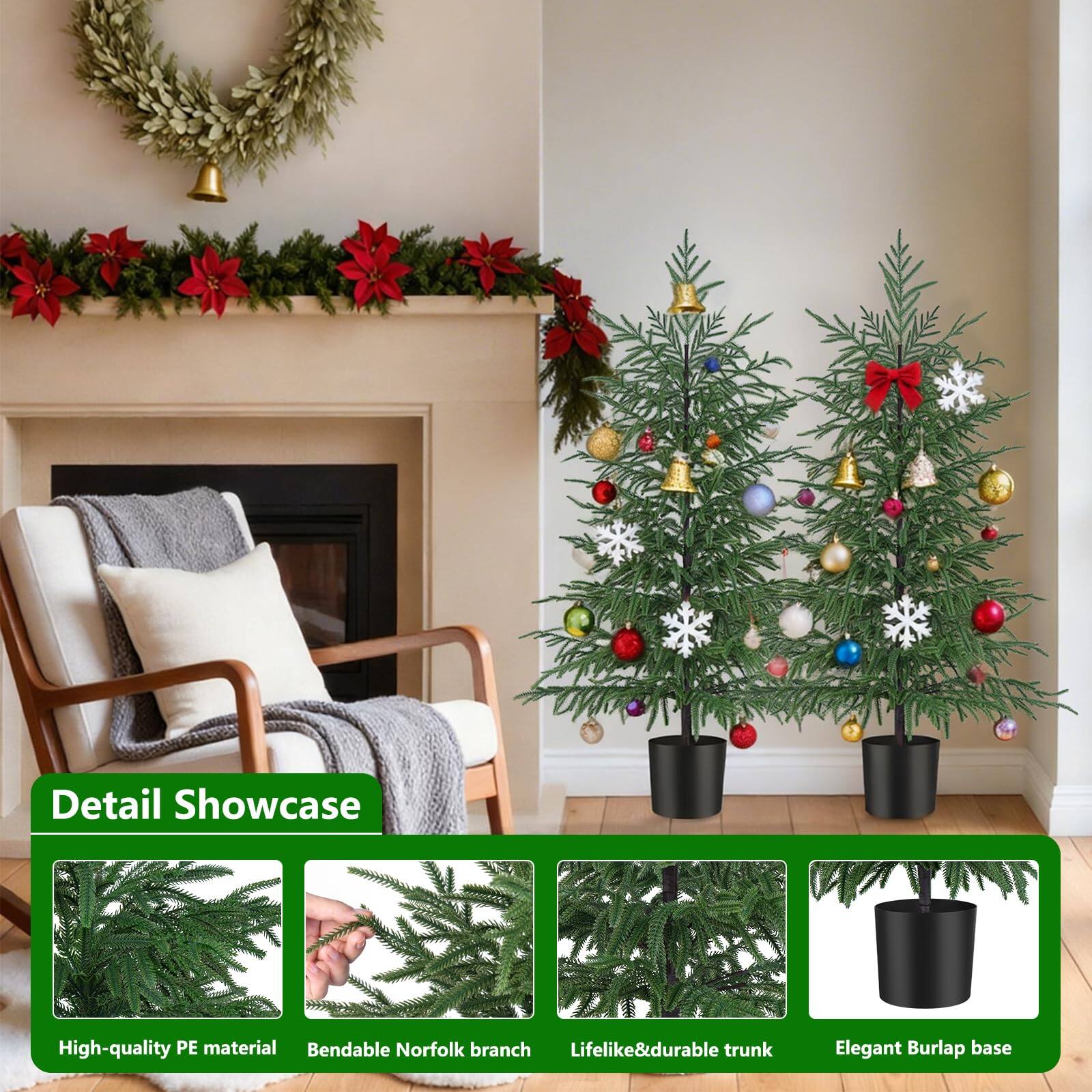 Detail Showcase

- High-quality PE material
- Bendable Norfolk branch
- Lifelike & durable trunk
- Elegant Burlap base