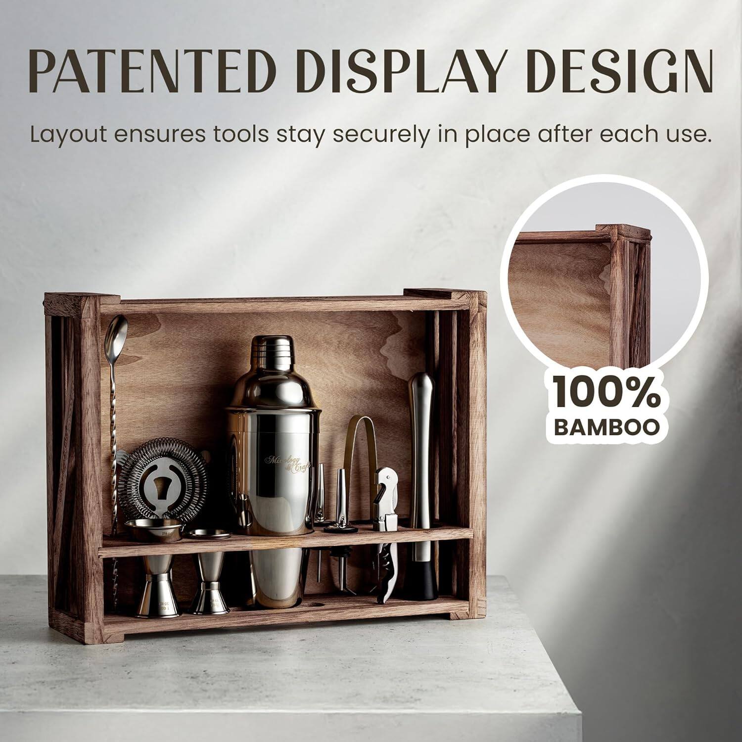 PATENTED DISPLAY DESIGN  
Layout ensures tools stay securely in place after each use.  

100% BAMBOO