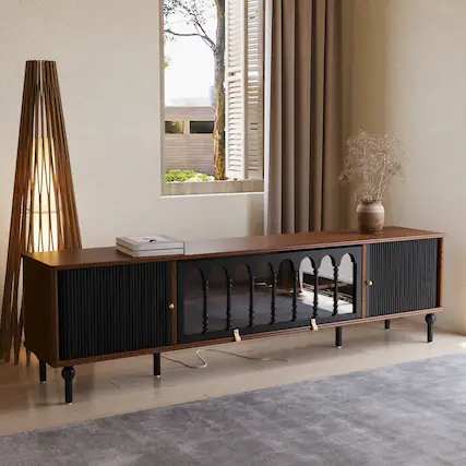 Front. luck idea - 78.74" TV Stand Media Console with Sliding Doors, Arched Glass & Solid Wood Legs - Walnut Color.