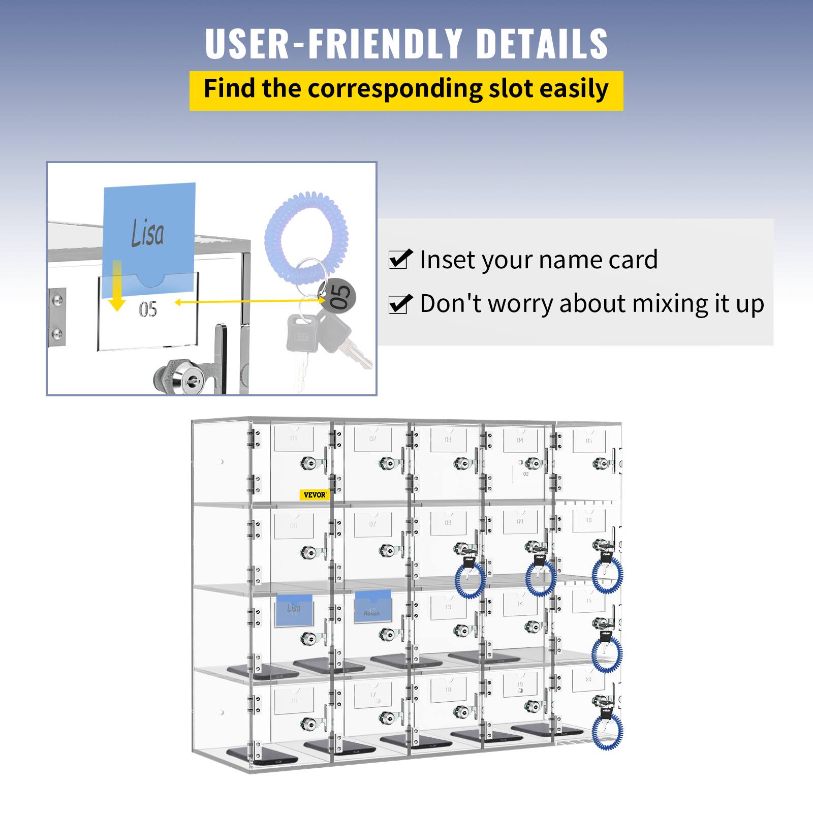 USER-FRIENDLY DETAILS  
Find the corresponding slot easily  

- Insert your name card  
- Don't worry about mixing it up  

Lisa  
05  

VEVOR