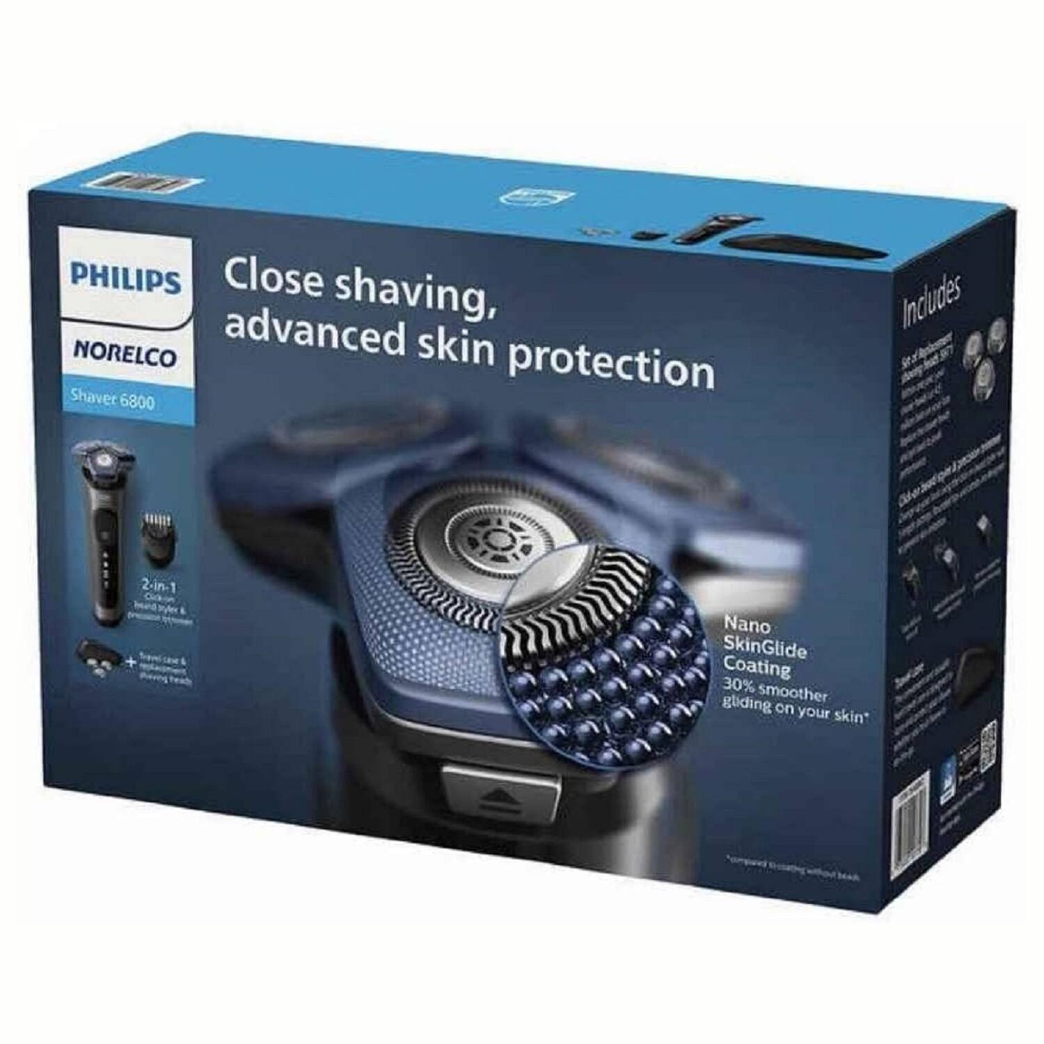 PHILIPS Norelco Close shaving, advanced skin protection  
Shaver 6800  
Includes 2-in-1  
Nano SkinGlide Coating  
30% smoother gliding on your skin