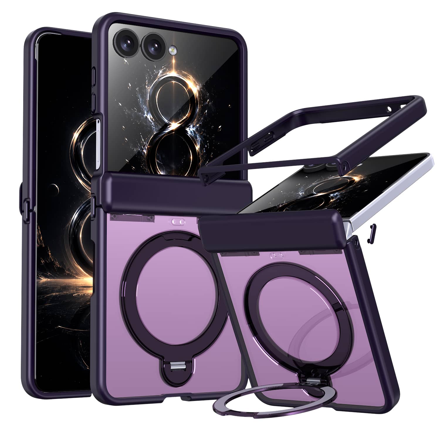 Dteck - Magnetic Case for Samsung Galaxy Z Flip8 with Ring Stand, Slim Frosted Shockproof Auto Spring Hinge Protective Cover - Purple