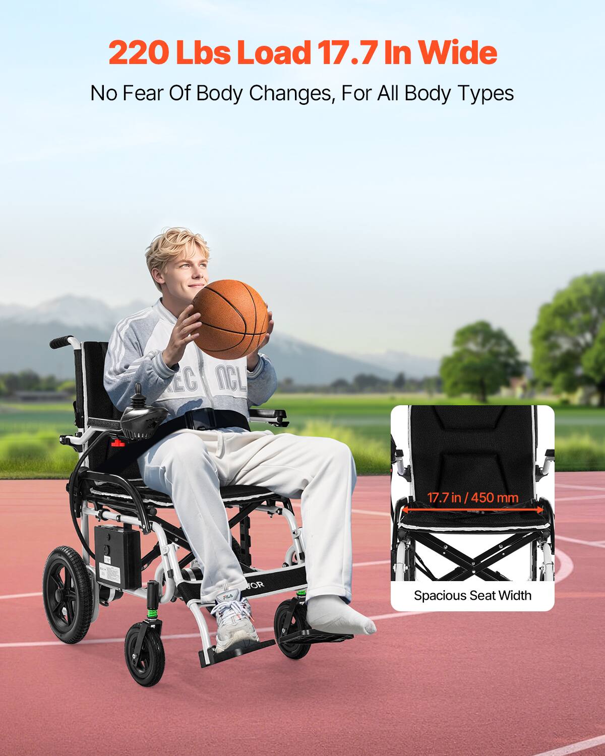 220 Lbs Load 17.7 In Wide  
No Fear Of Body Changes, For All Body Types  

17.7 in / 450 mm  
Spacious Seat Width