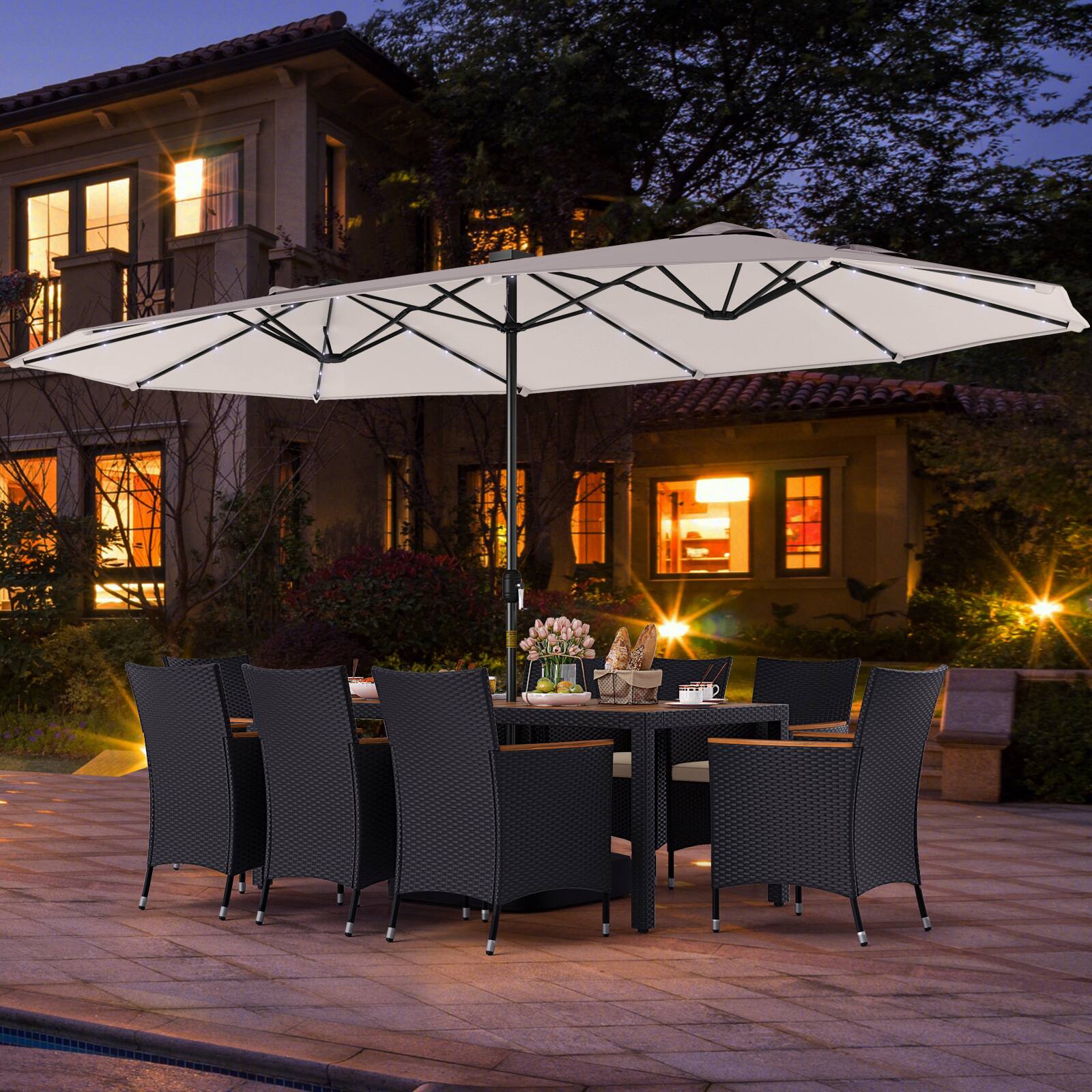 Alt View 3. Gymax - Gymax Set Of 11 Patio Dining Set w/ 15ft Double-Sided Patio Umbrella (Base Included) Beige - Beige.