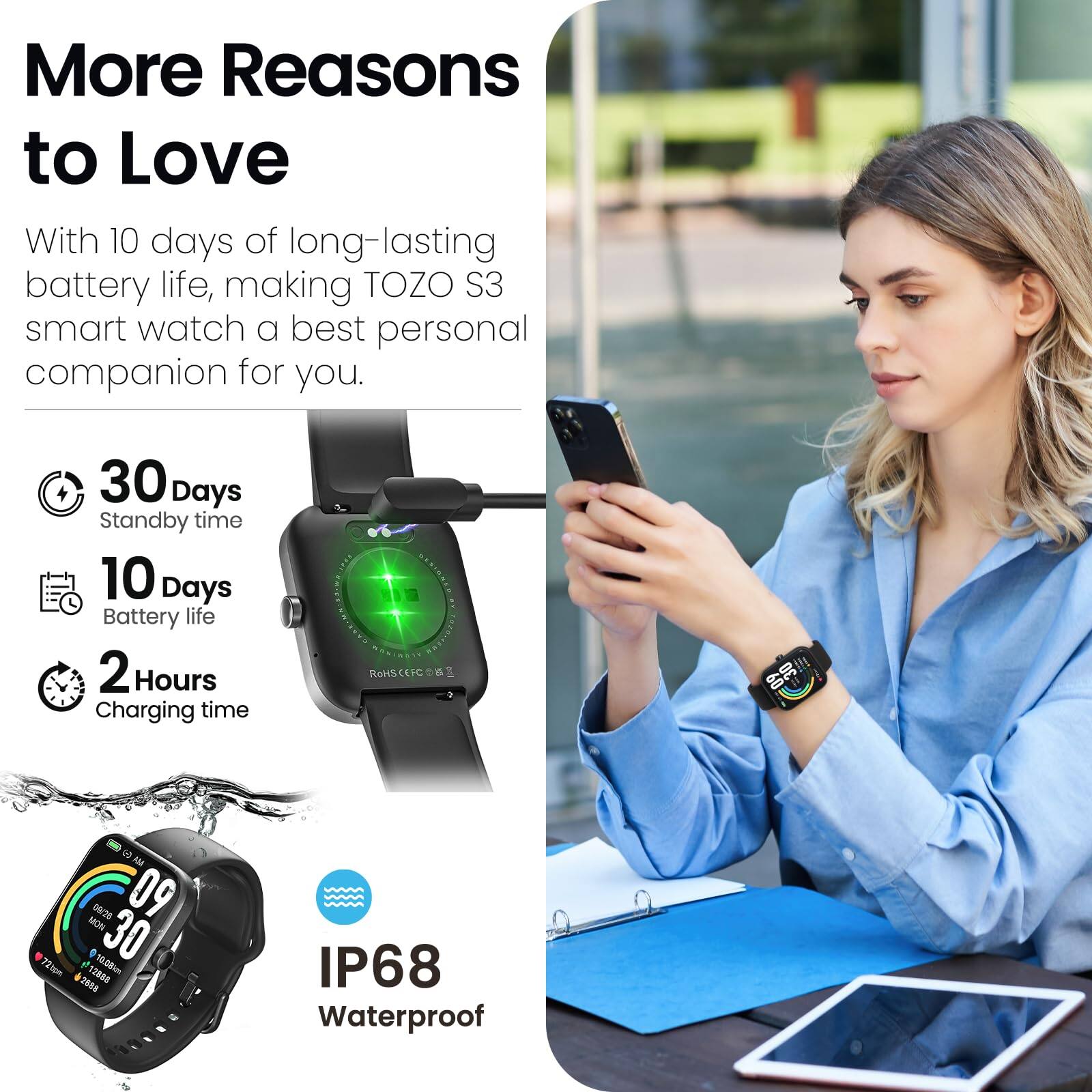 More Reasons to Love

With 10 days of long-lasting battery life, making TOZO S3 smart watch a best personal companion for you.

30 Days Standby time
10 Days Battery life
2 Hours Charging time

IP68 Waterproof