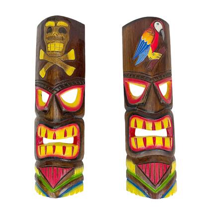 Front. Things2Die4 - Set of 2 Tiki Wall Masks Hand Carved Wood 19.75 in Parrot Skull Decor - Brown.