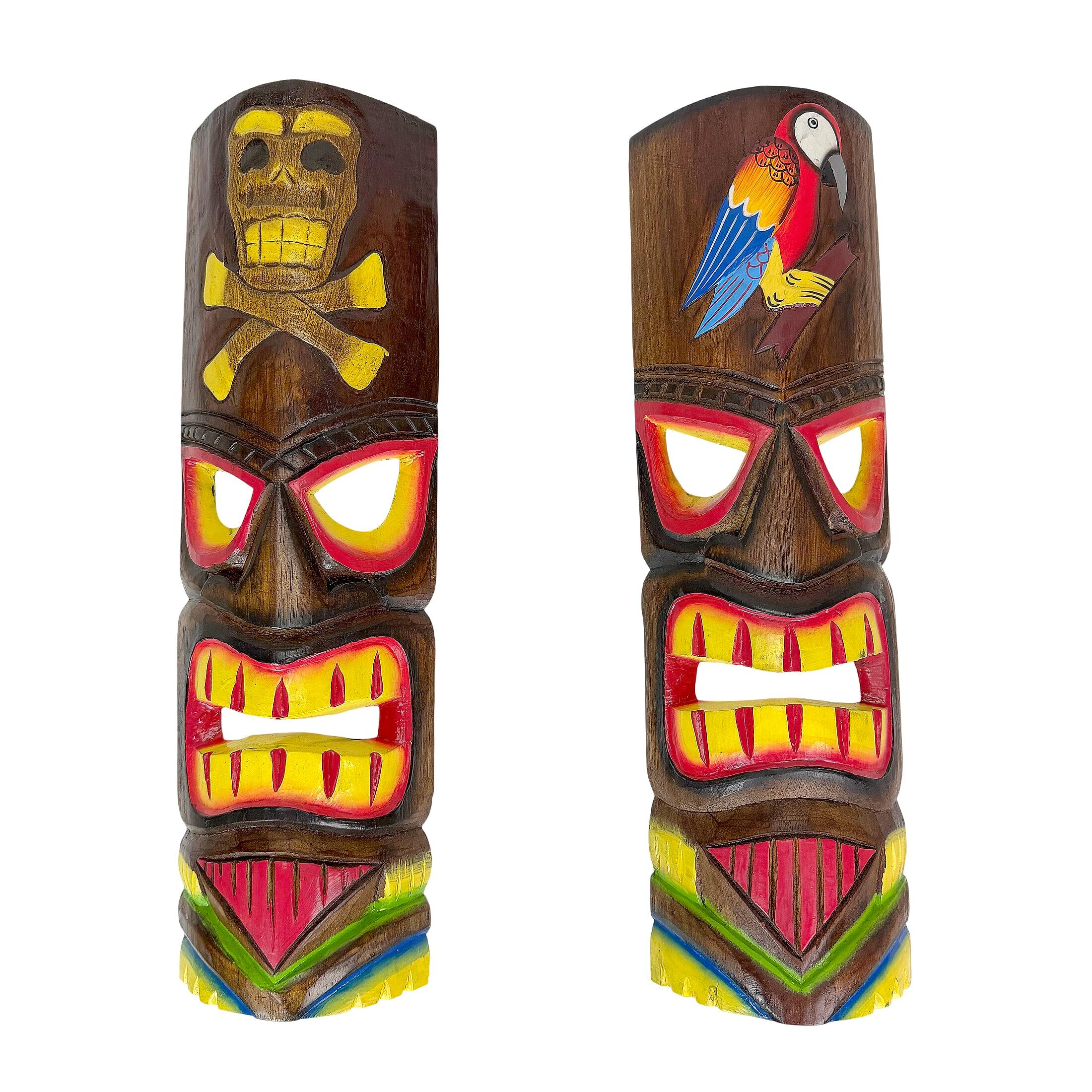 Front. Things2Die4 - Set of 2 Tiki Wall Masks Hand Carved Wood 19.75 in Parrot Skull Decor - Brown.