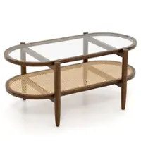 Costway 2-Tier Coffee Table Tempered Glass Top with PE Rattan Shelf & Acacia Wood Frame - Brown - Front_Zoom