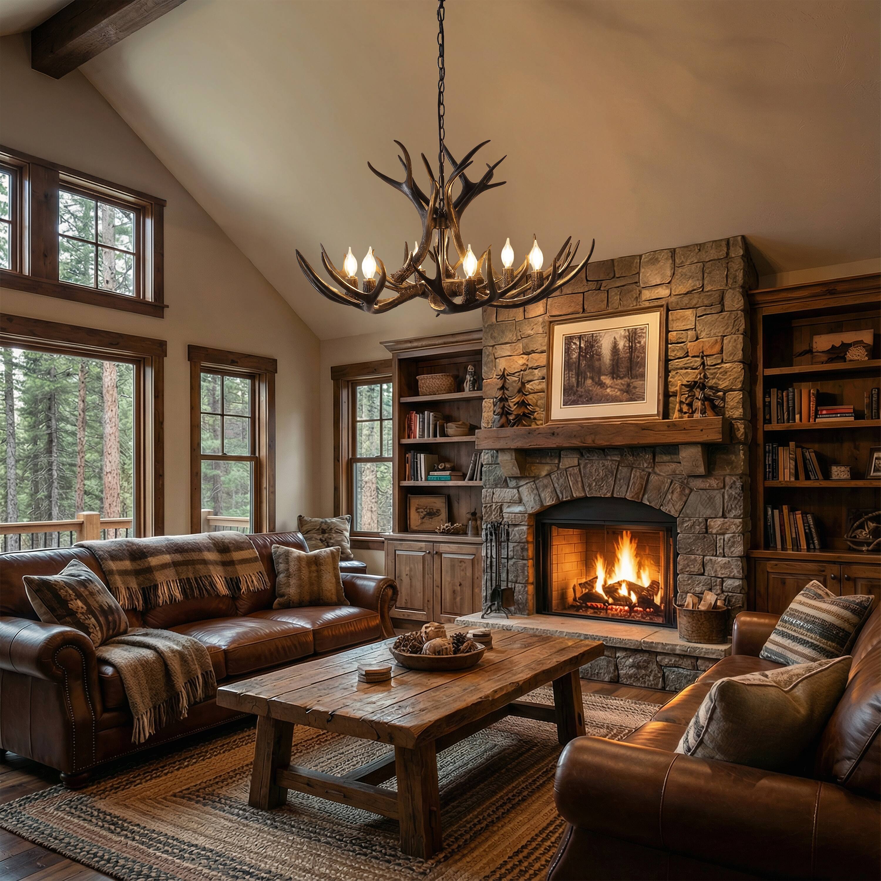 Alt View 9. Jonathan Y - Eldora 33" 6-Light Rustic Farmhouse Adjustable Resin Antler LED Chandelier, Black - Black.