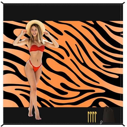 Reds Spade - Sandproof Waterproof Beach Blanket Large Picnic Mat For 4-6 Adults Lightweight Compact Quick Dry With Stake - Tiger Stripes-6.6x6.6 FT (1～4 Person)