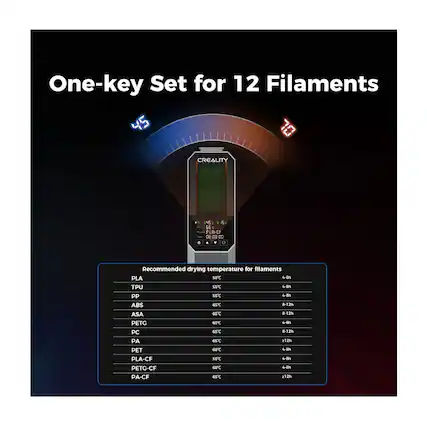 One-key Set for 12 Filaments
Recommended drying temperature for filaments:
- PLA: 50°C, 48h
- TPU: 4-8h
- PP: 48h
- ABS: 8-12h
- ASA: 8-12h
- PETG: 68°C, 4-8h
- PC: 8-12h
- PA: 65°C, 12h
- PET: 68°C, 48h
- PLA-CF: 50°C, 4-8h
- PETG-CF: 68°C, 4-8h
- PA-CF: 65°C, >12h
