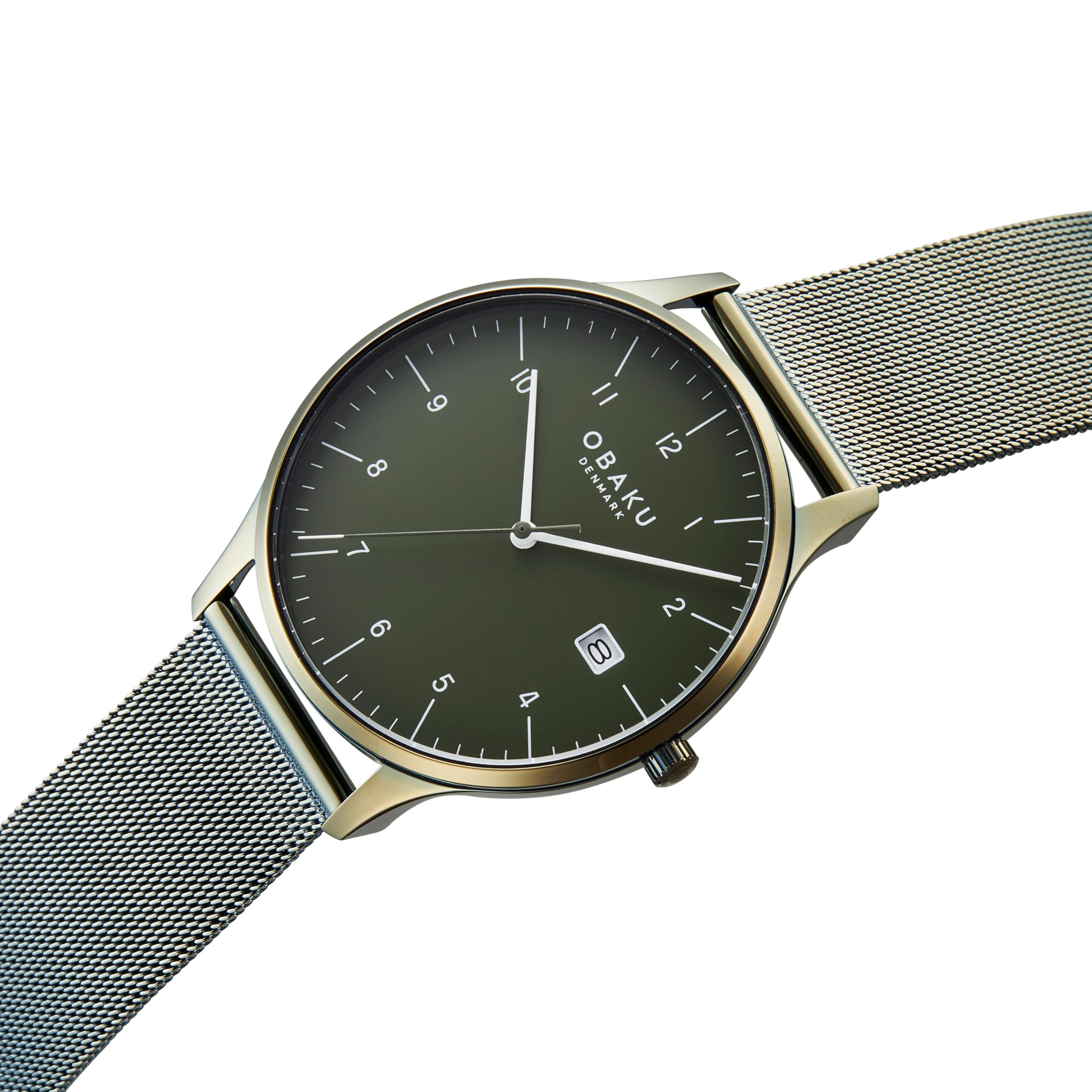 Angle. Obaku - Obaku Chia Men’s Watch, Gold Stainless Steel Mesh Strap, 42mm Case – Green - Green.