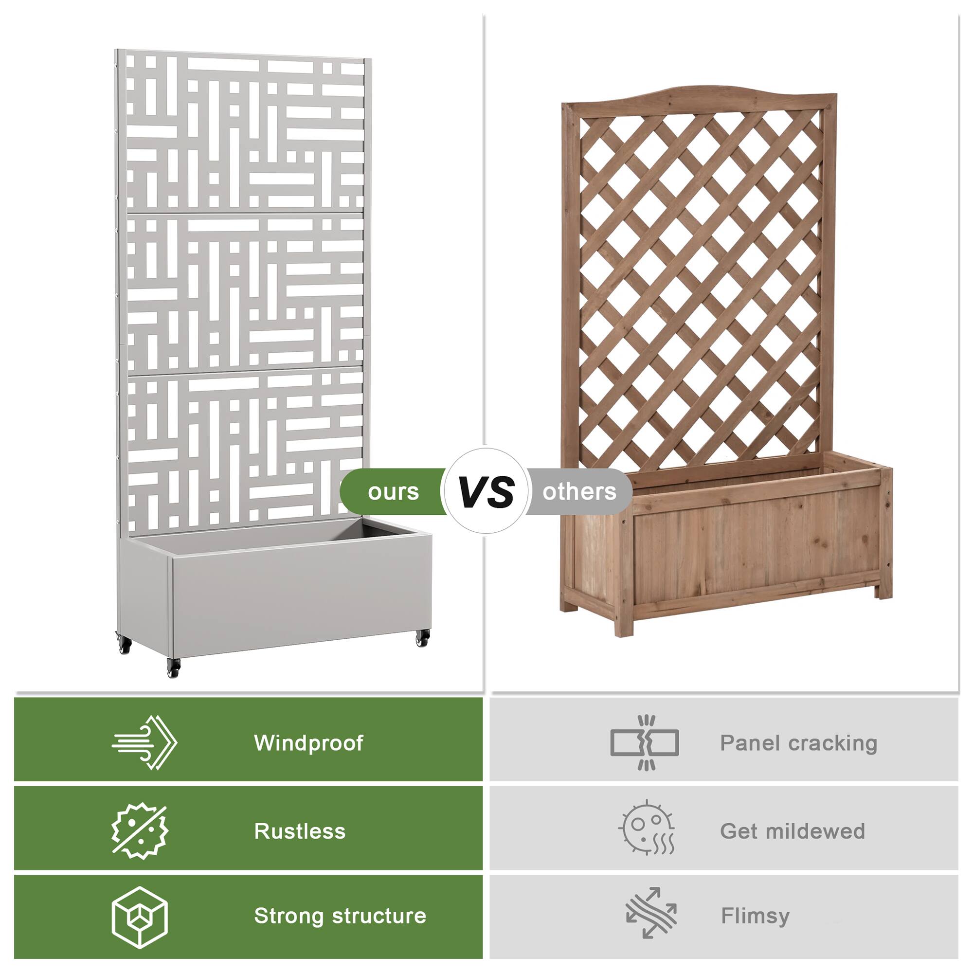 ours vs others

- Windproof
- Rustless
- Strong structure

others

- Panel cracking
- Get mildewed
- Flimsy