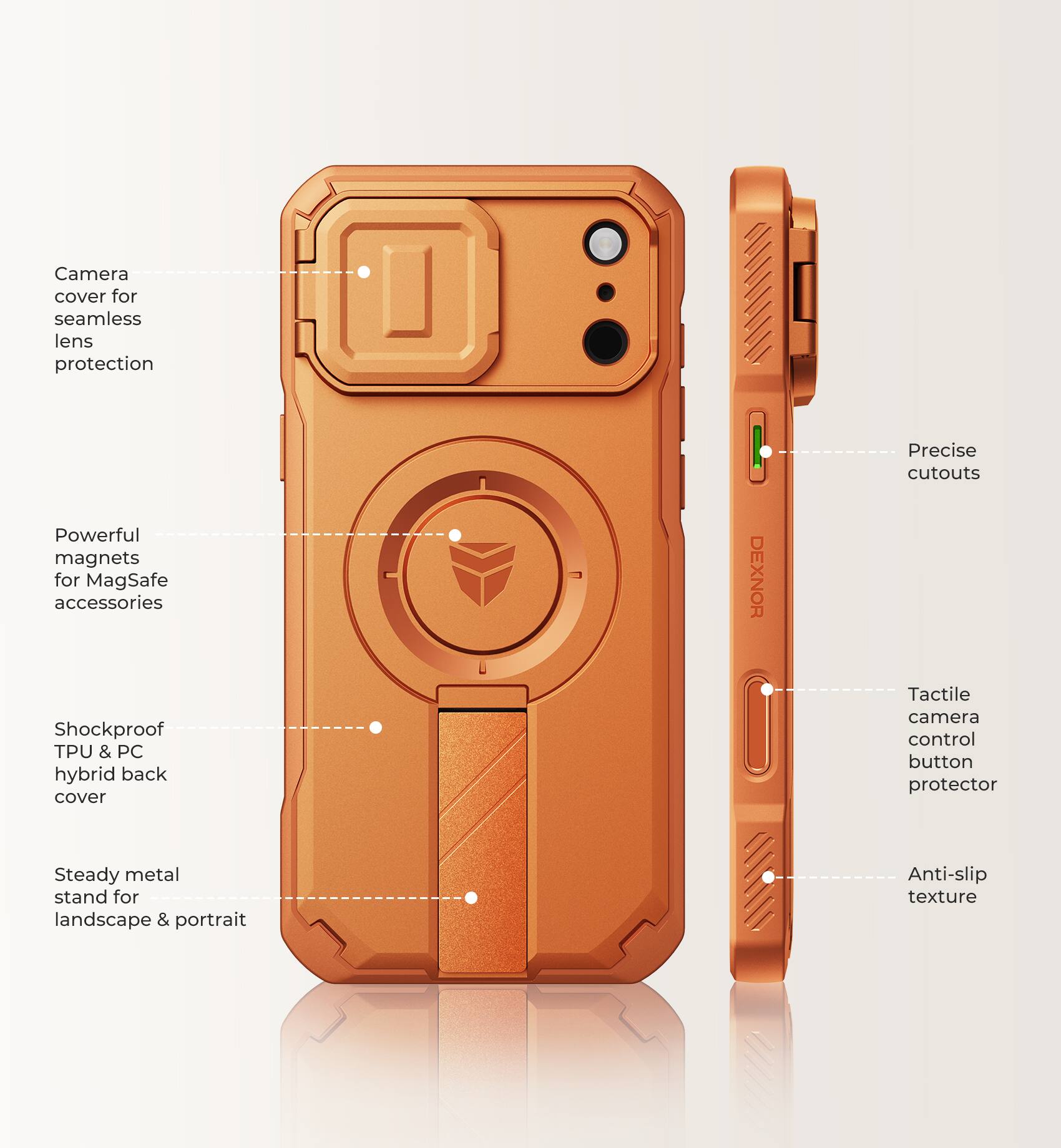 Camera cover for seamless lens protection  
Powerful magnets for MagSafe accessories  
Shockproof TPU & PC hybrid back cover  
Precise cutouts  
Tactile camera control button protector  
Steady metal stand for landscape & portrait  
Anti-slip texture