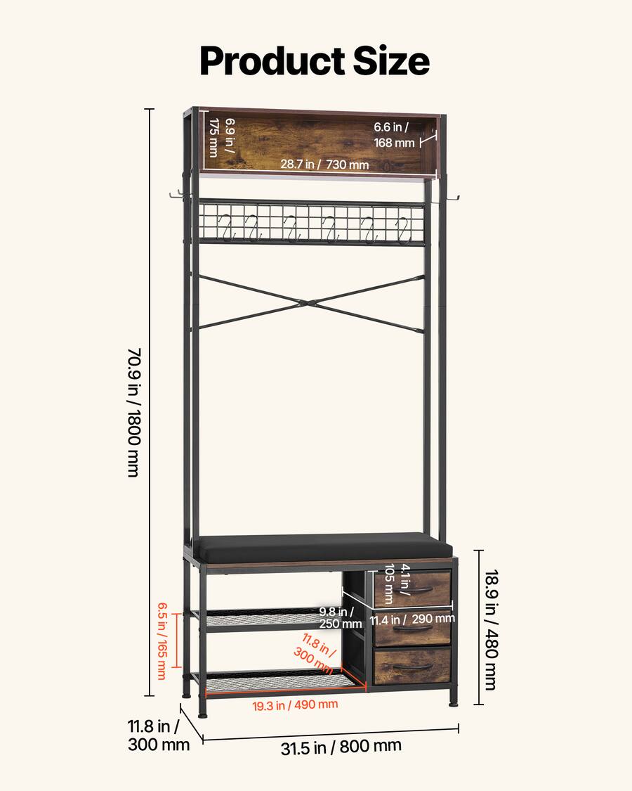 Material Rack Tree Design VEVOR Hall Tree, 70.9 in Coat Rack with Shoe Bench & 3 Drawers, 3 in 1 ...