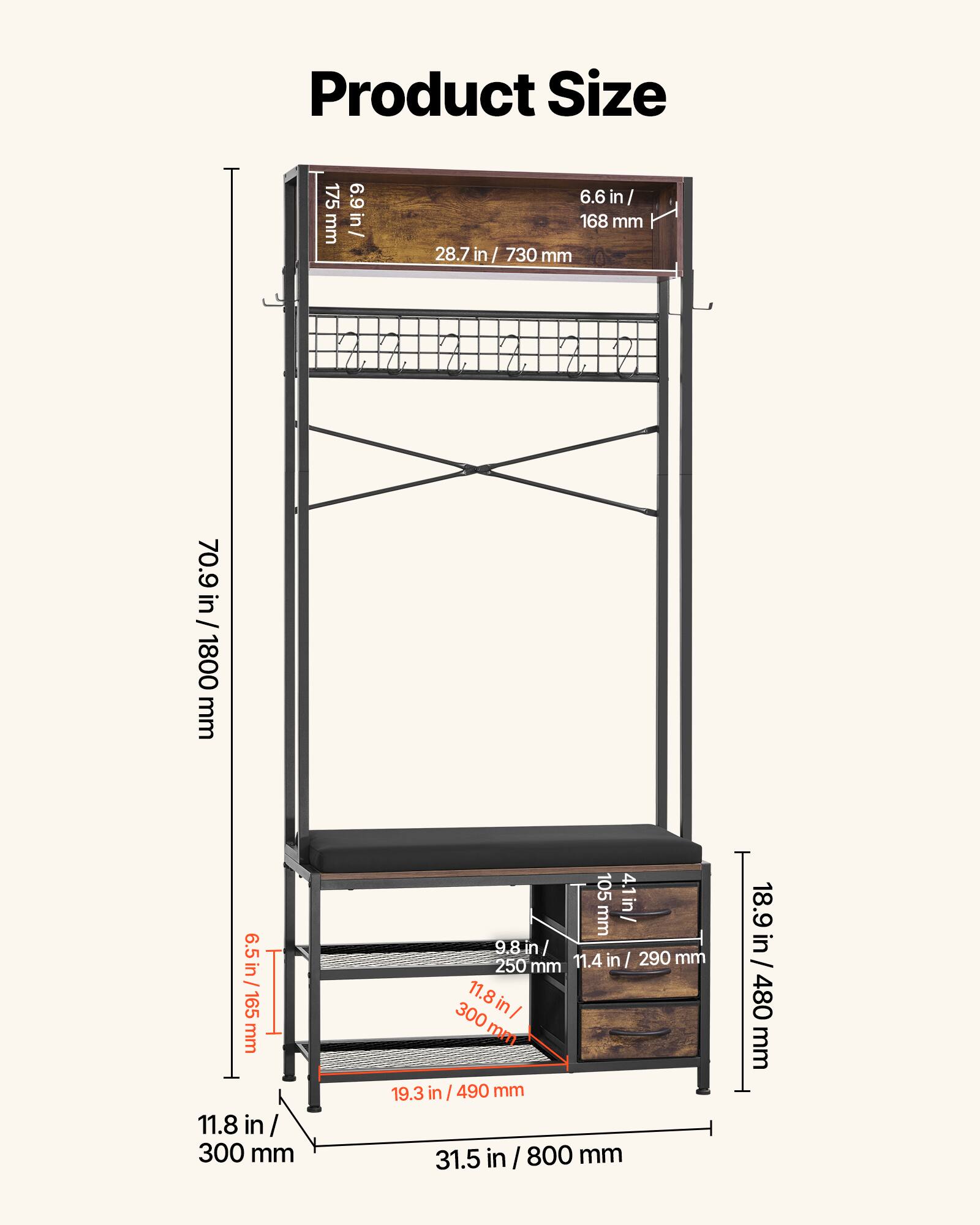 Product Size

- 175 mm / 6.9 in
- 6.6 in / 168 mm
- 28.7 in / 730 mm
- 70.9 in / 1800 mm
- 6.5 in / 165 mm
- 11.8 in / 300 mm
- 4.1 in / 105 mm
- 9.8 in / 250 mm
- 11.4 in / 290 mm
- 19.3 in / 490 mm
- 31.5 in / 800 mm
- 18.9 in / 480 mm