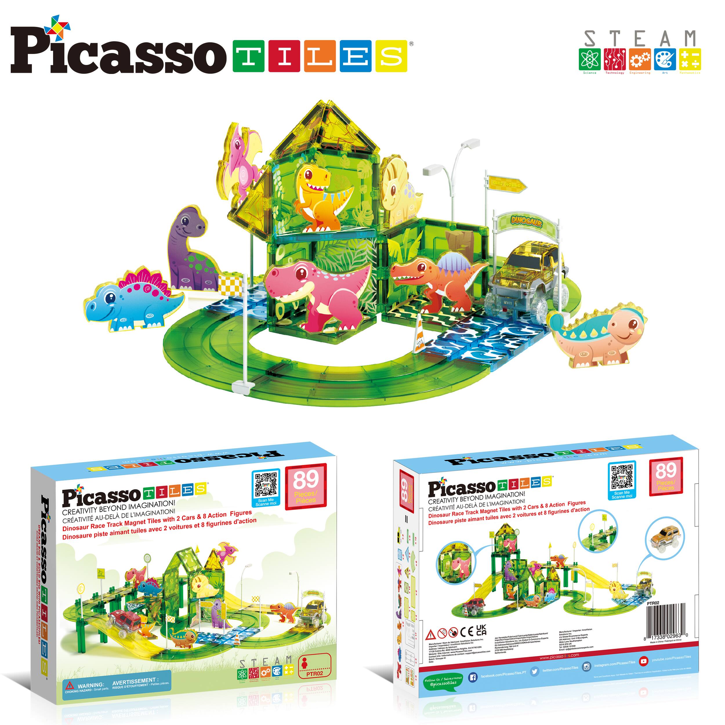 Picasso Tiles

STEAM

Creativity Beyond Imagination!  
Créativité au-delà de l'Imagination!

Dinosaur Race Track Magnet Tiles with 2 Cars & 8 Action Figures  
Dinosaurs Race Track Magnétiques avec 2 voitures et 8 figurines d'action

89 pieces

WARNING: CHOKING HAZARD - Small parts. Not for children under 3 years.

Avertissement: Péril d'étouffement - Petites pièces. Ne convient pas aux enfants de moins de 3 ans.

Picasso Tiles

STEAM

Creativity Beyond Imagination!  
Créativité au-delà de l'Imagination!

Dinosaur Race Track Magnet Tiles with 2 Cars & 8 Action Figures  
Dinosaurs Race Track Magnétiques avec 2 voitures et 8 figurines d'action

89 pièces

WARNING: CHOKING HAZARD - Small parts. Not for children under 3 years.

Avertissement: Péril d'étouffement - Petites pièces. Ne convient pas aux enfants de moins de 3 ans.