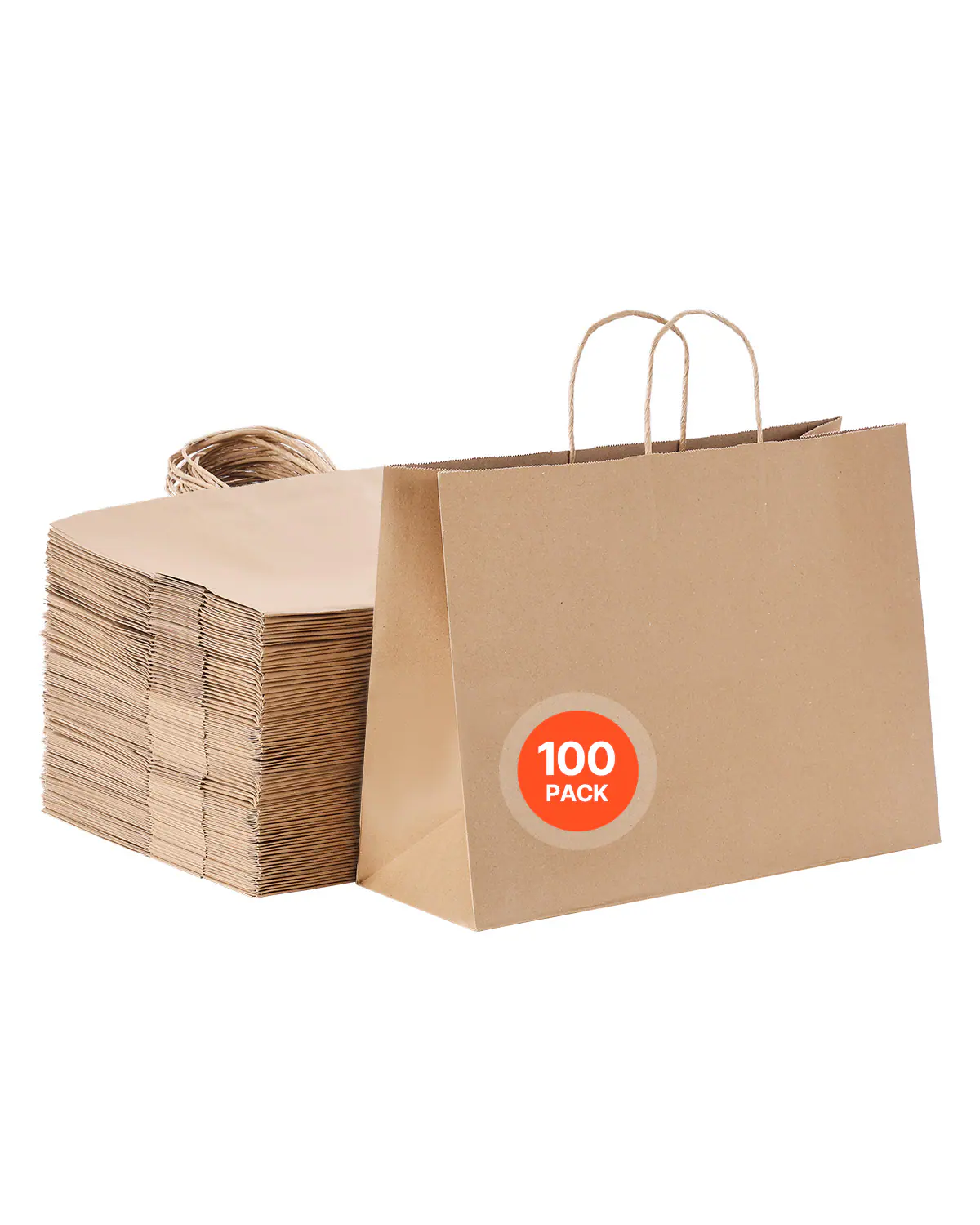 VEVOR - Kraft Paper Bags with Handles, 100Pcs 16 x 6 x 12 in, Large Paper Grocery Bags, Reusable & Recycled Take-Out Sacks - Natural / Brown